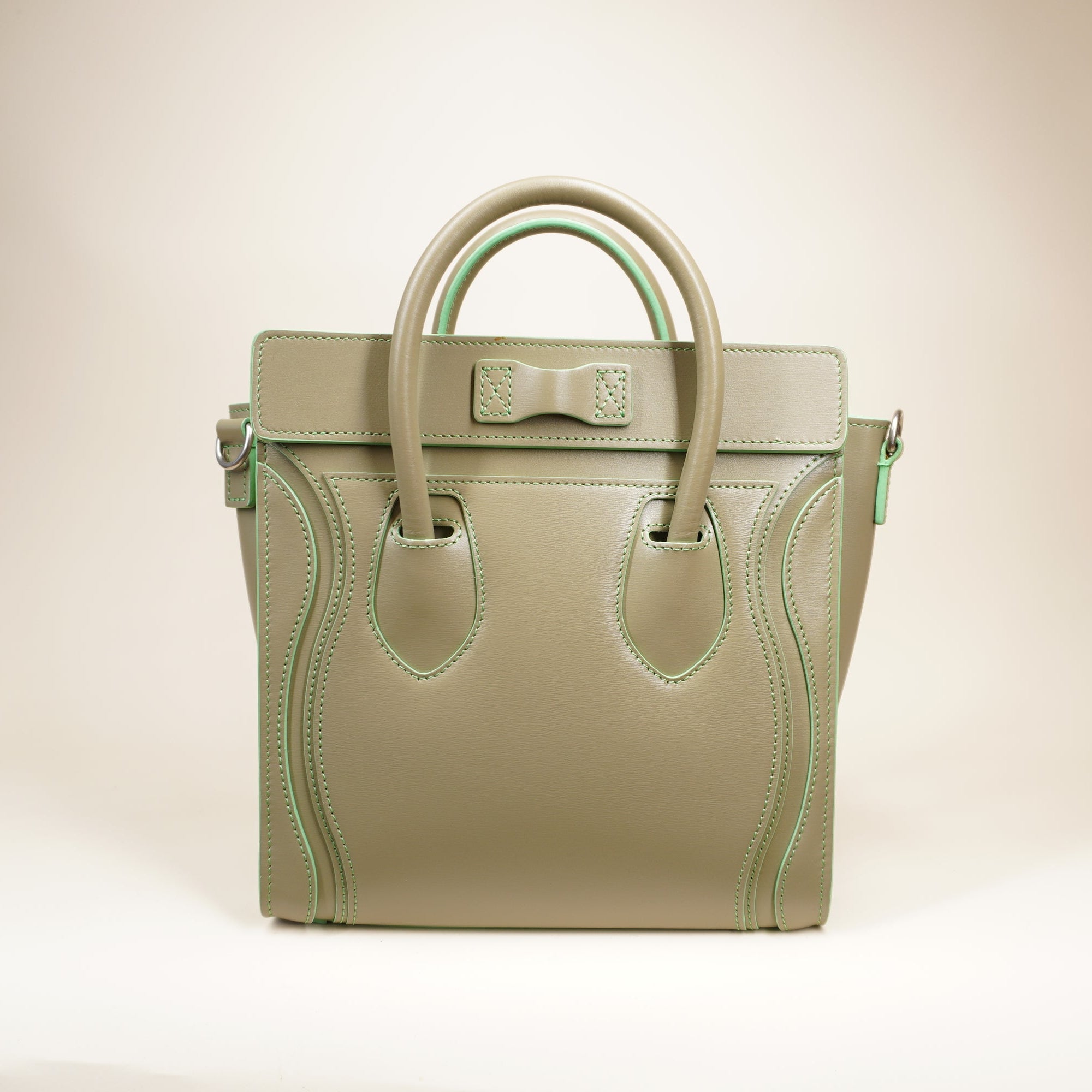 PRE-OWNED Olive Grey Leather Nano Luggage Shoulder Bag