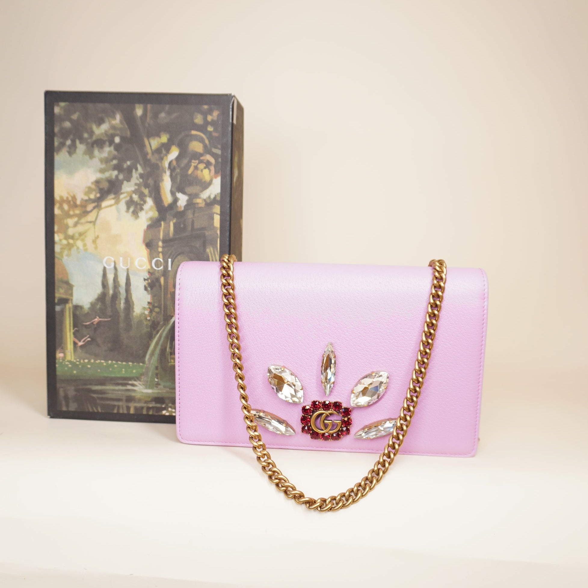 PRE-OWNED Calfskin Marquise Crystals Mini GG Chain Wallet Malva