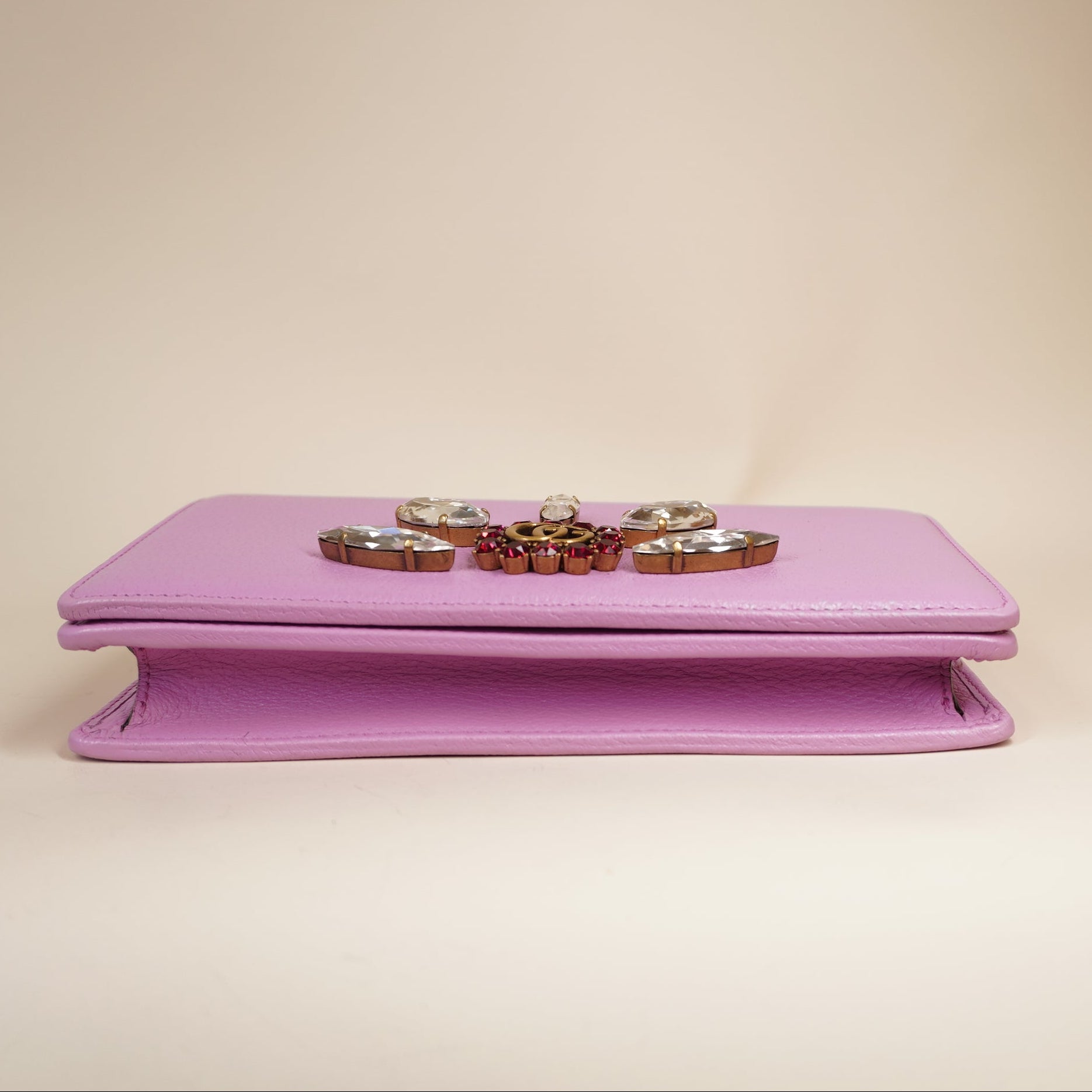 PRE-OWNED Calfskin Marquise Crystals Mini GG Chain Wallet Malva