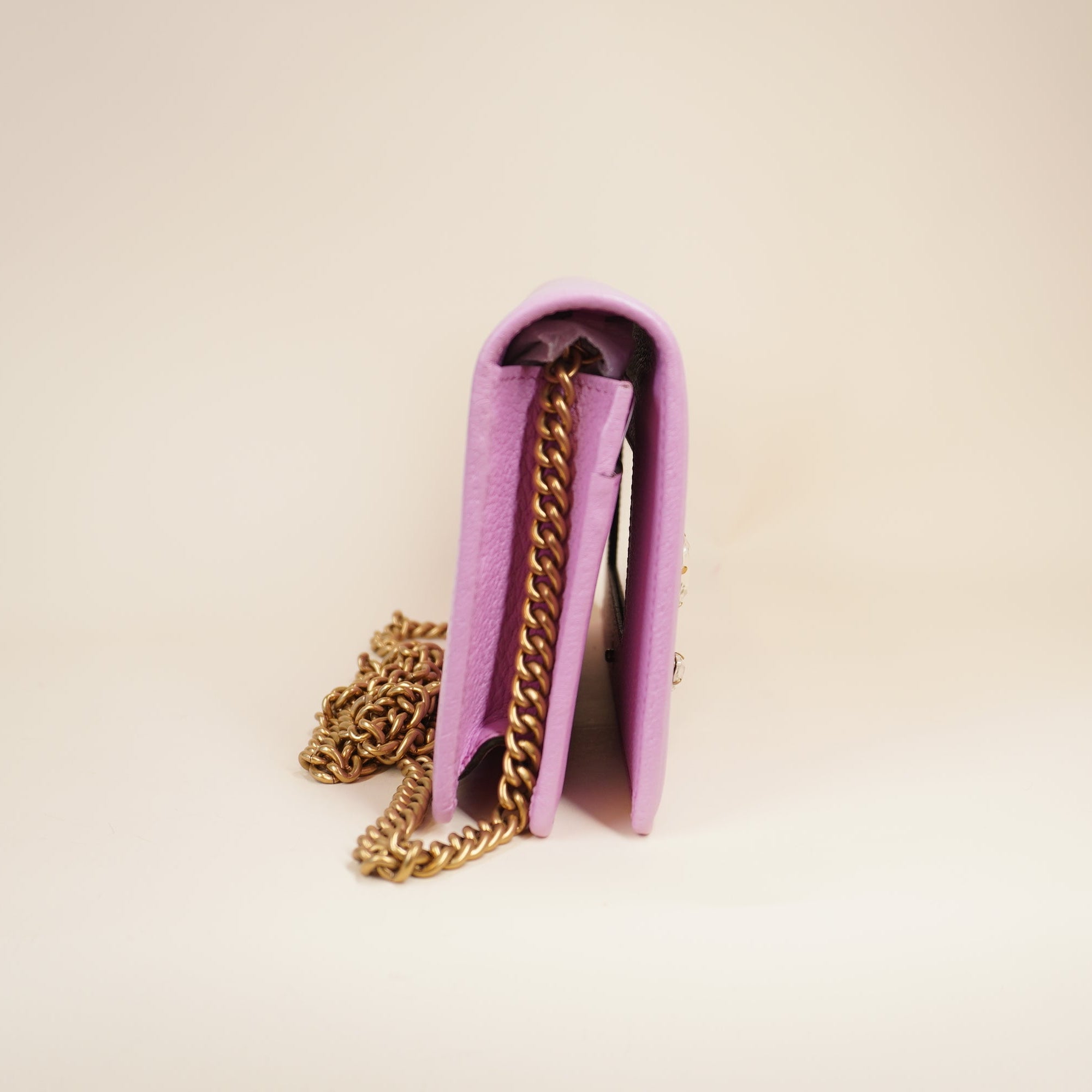 PRE-OWNED Calfskin Marquise Crystals Mini GG Chain Wallet Malva