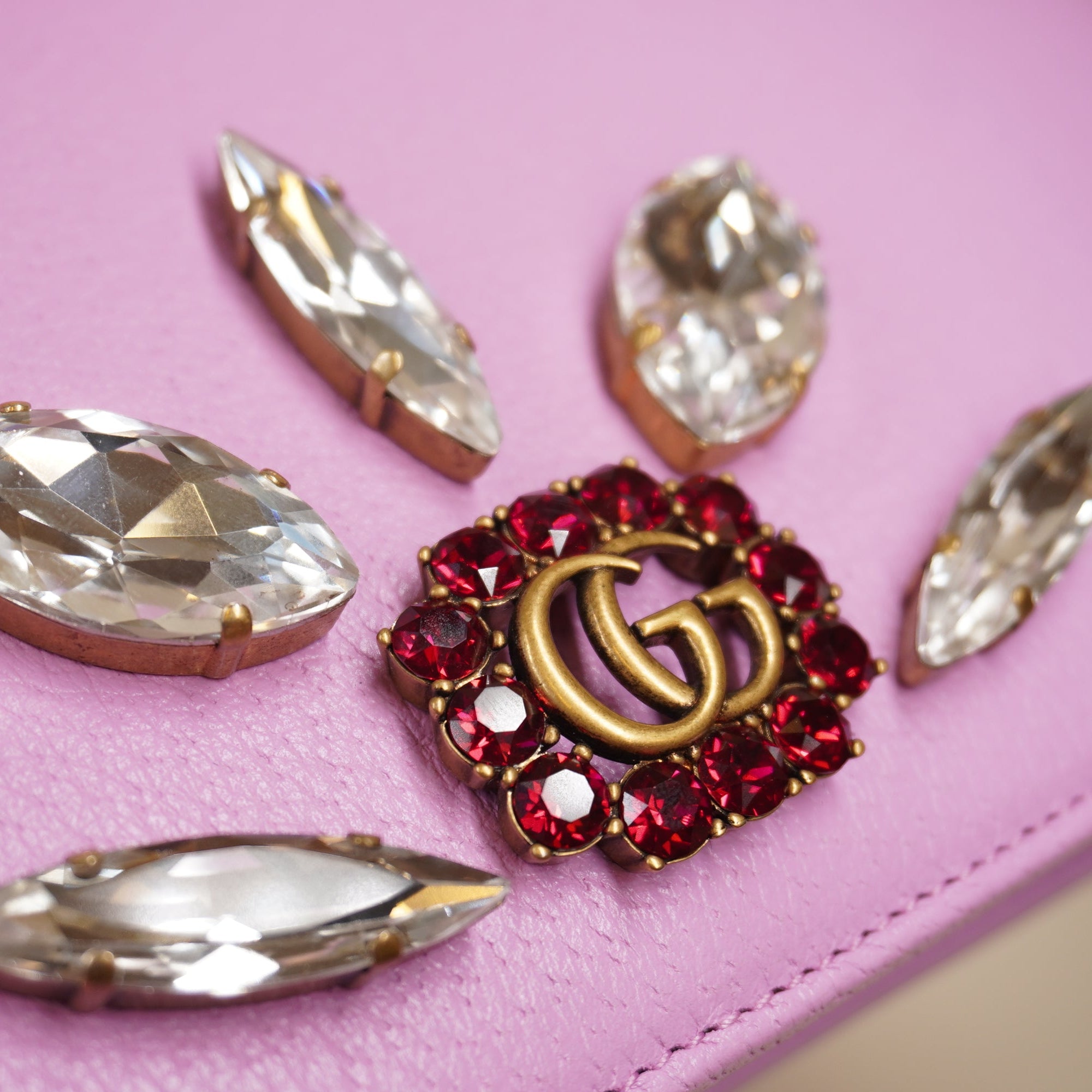 PRE-OWNED Calfskin Marquise Crystals Mini GG Chain Wallet Malva