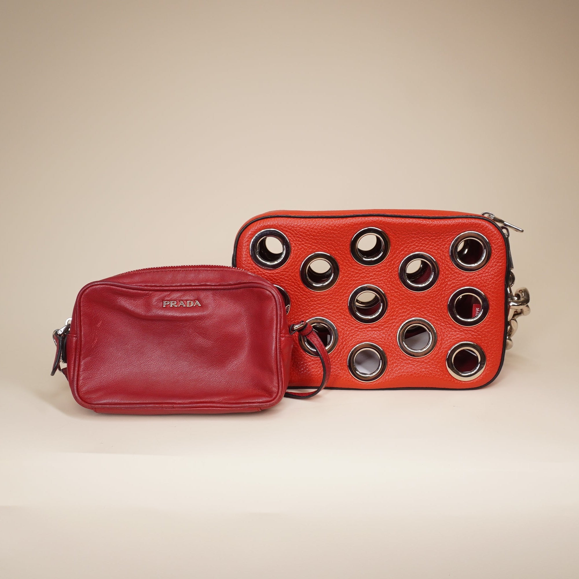 PRE-OWNED Grommet Chain Shoulder Bag Vitello Daino Small 