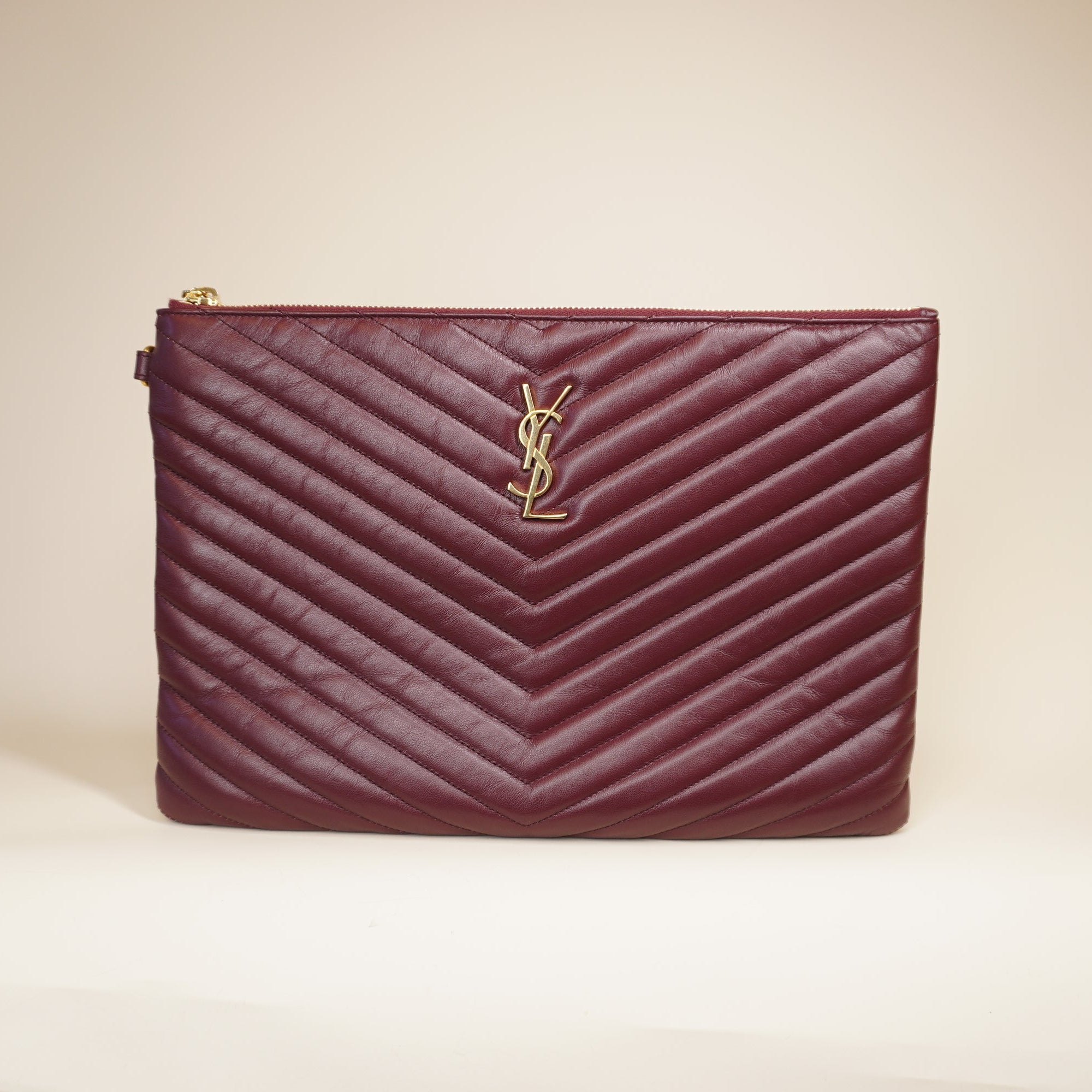 PRE-OWNED Burgundy Quilted Leather Monogram Wristlet Pouch