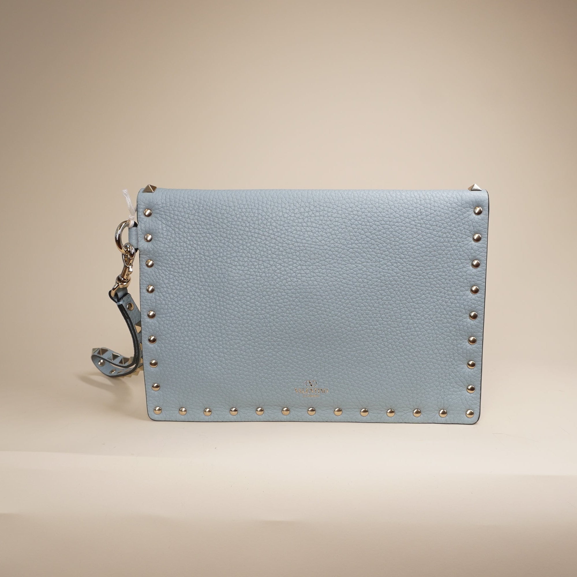 PRE-OWNED Light Blue Rockstud Grainy Calfskin Pouch