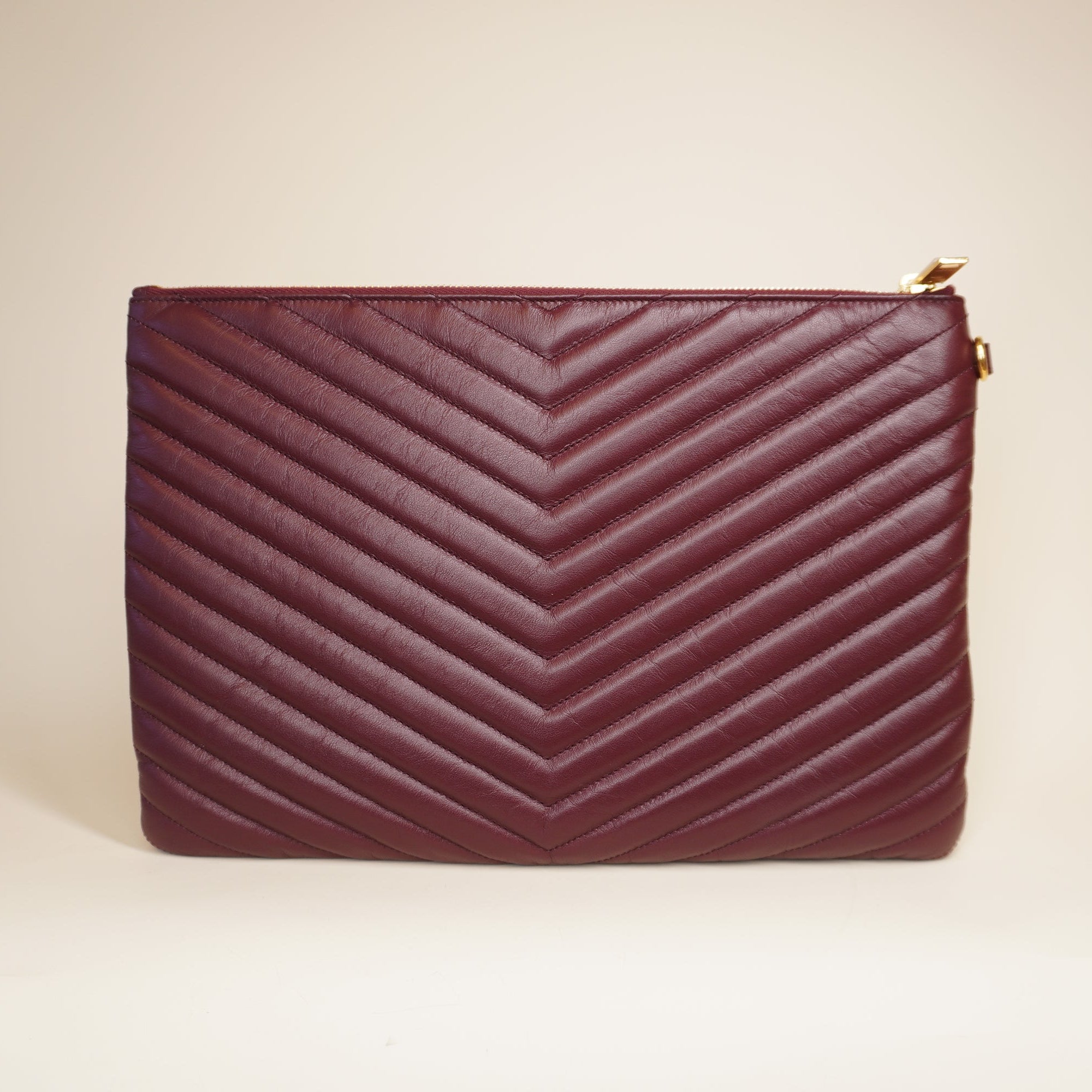 PRE-OWNED Burgundy Quilted Leather Monogram Wristlet Pouch