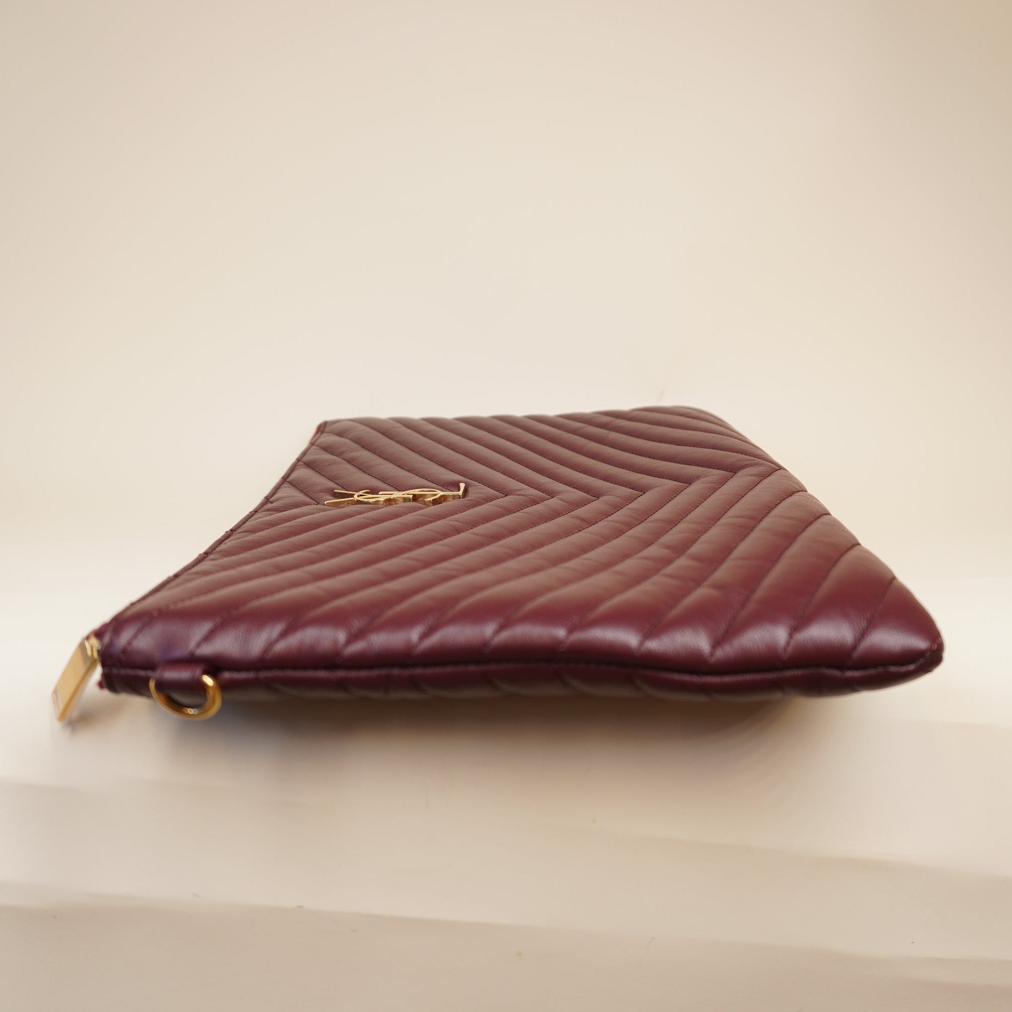PRE-OWNED Burgundy Quilted Leather Monogram Wristlet Pouch