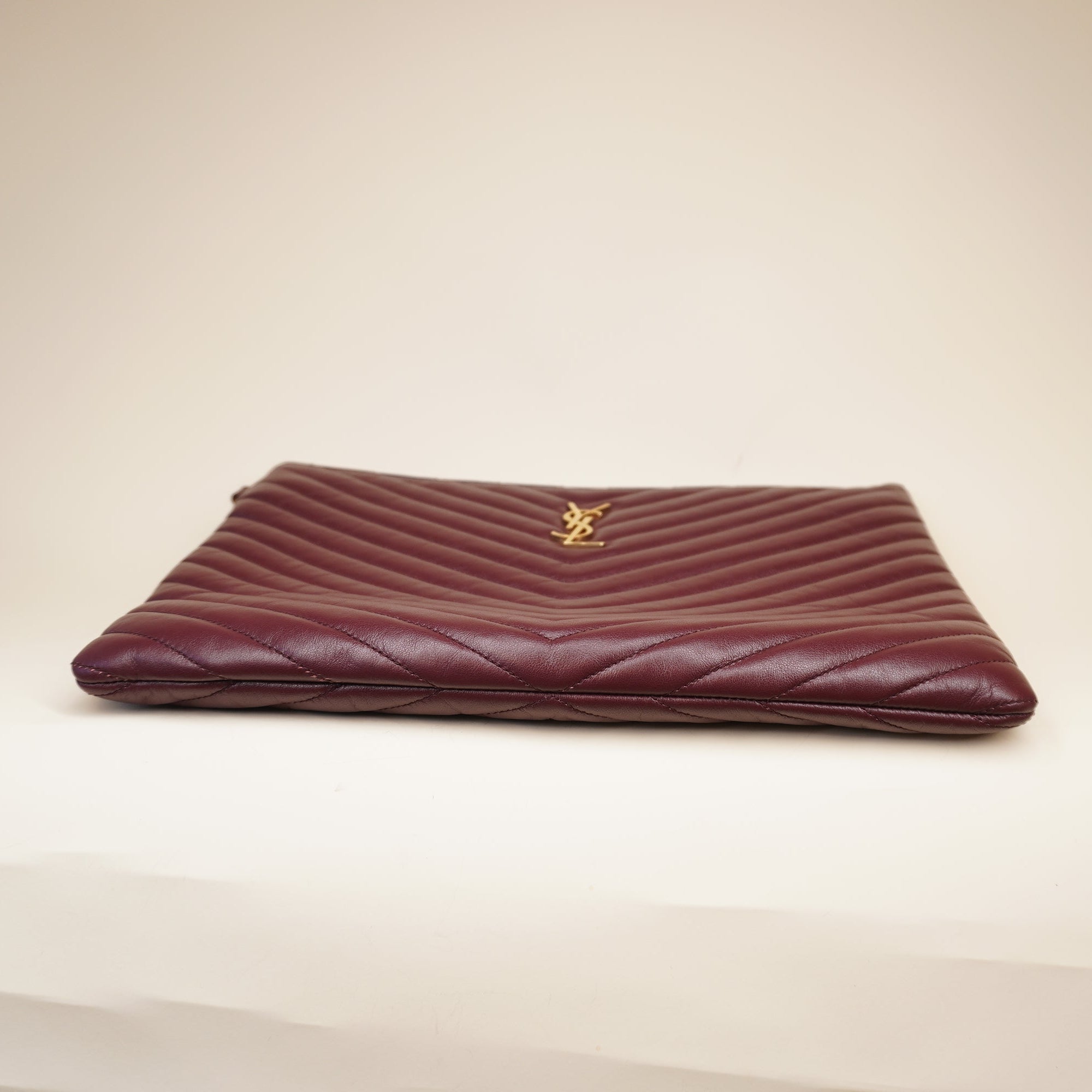 PRE-OWNED Burgundy Quilted Leather Monogram Wristlet Pouch