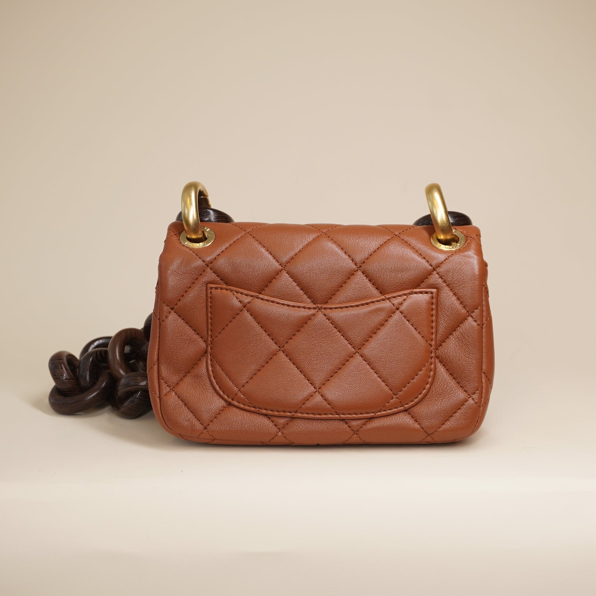 PRE-OWNED CC Lambskin Wenge Quilted Mini Fashion Wood Square Flap Light Brown 