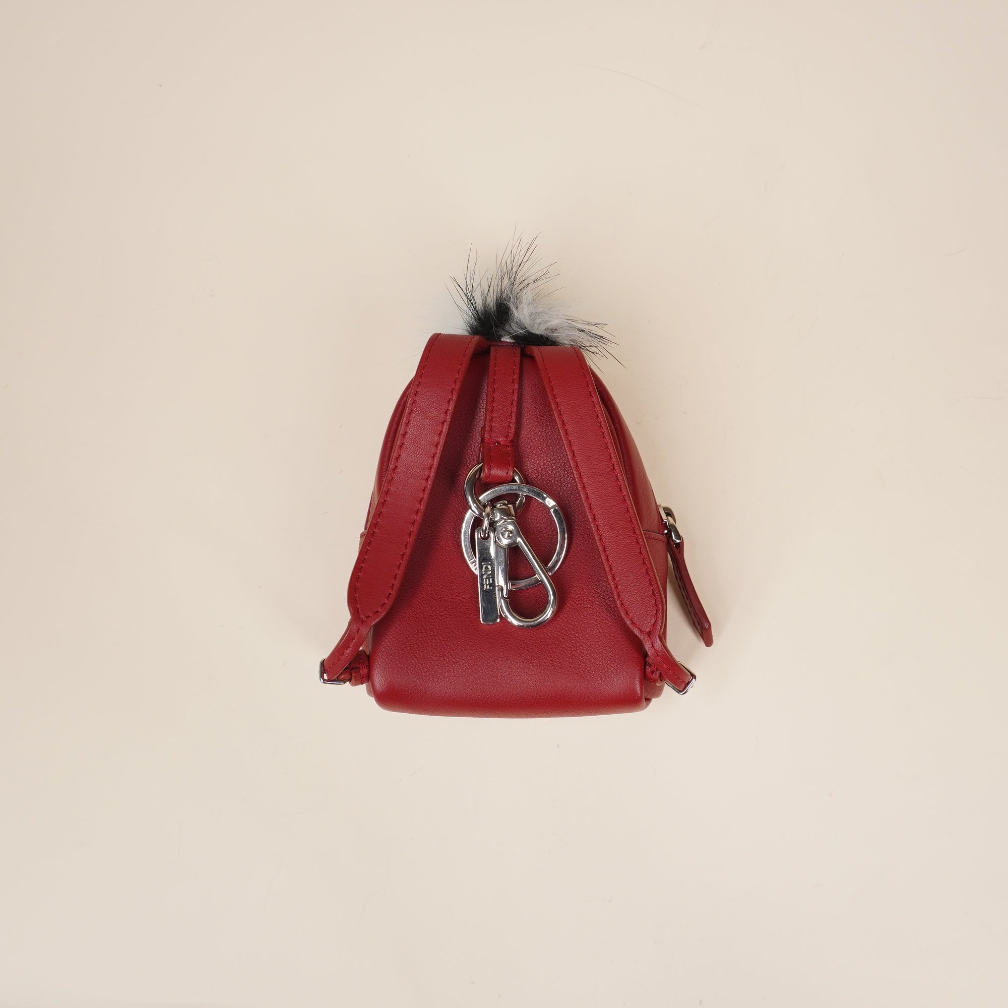 PRE-OWNED Red Leather Monster Eyes Fur Backpack Key Chain and Bag Charm