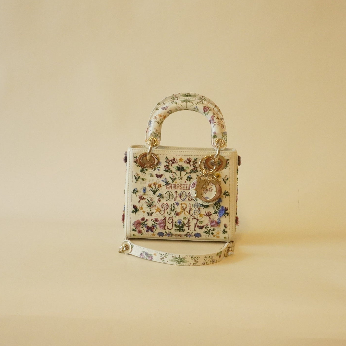 PRE-OWNED Calfskin Beaded Embroidered Paris 1947 Mini Lady Dior Latte Multicolor Hand Bag