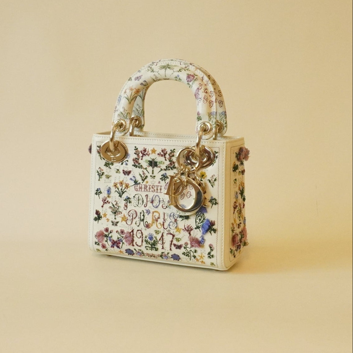 PRE-OWNED Calfskin Beaded Embroidered Paris 1947 Mini Lady Dior Latte Multicolor Hand Bag