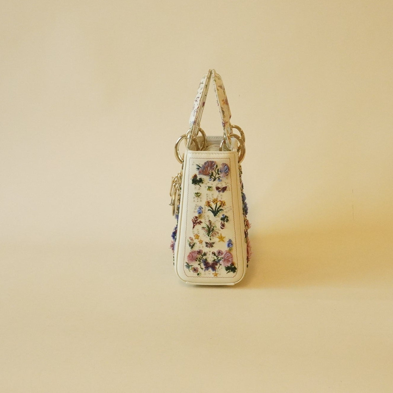PRE-OWNED Calfskin Beaded Embroidered Paris 1947 Mini Lady Dior Latte Multicolor Hand Bag