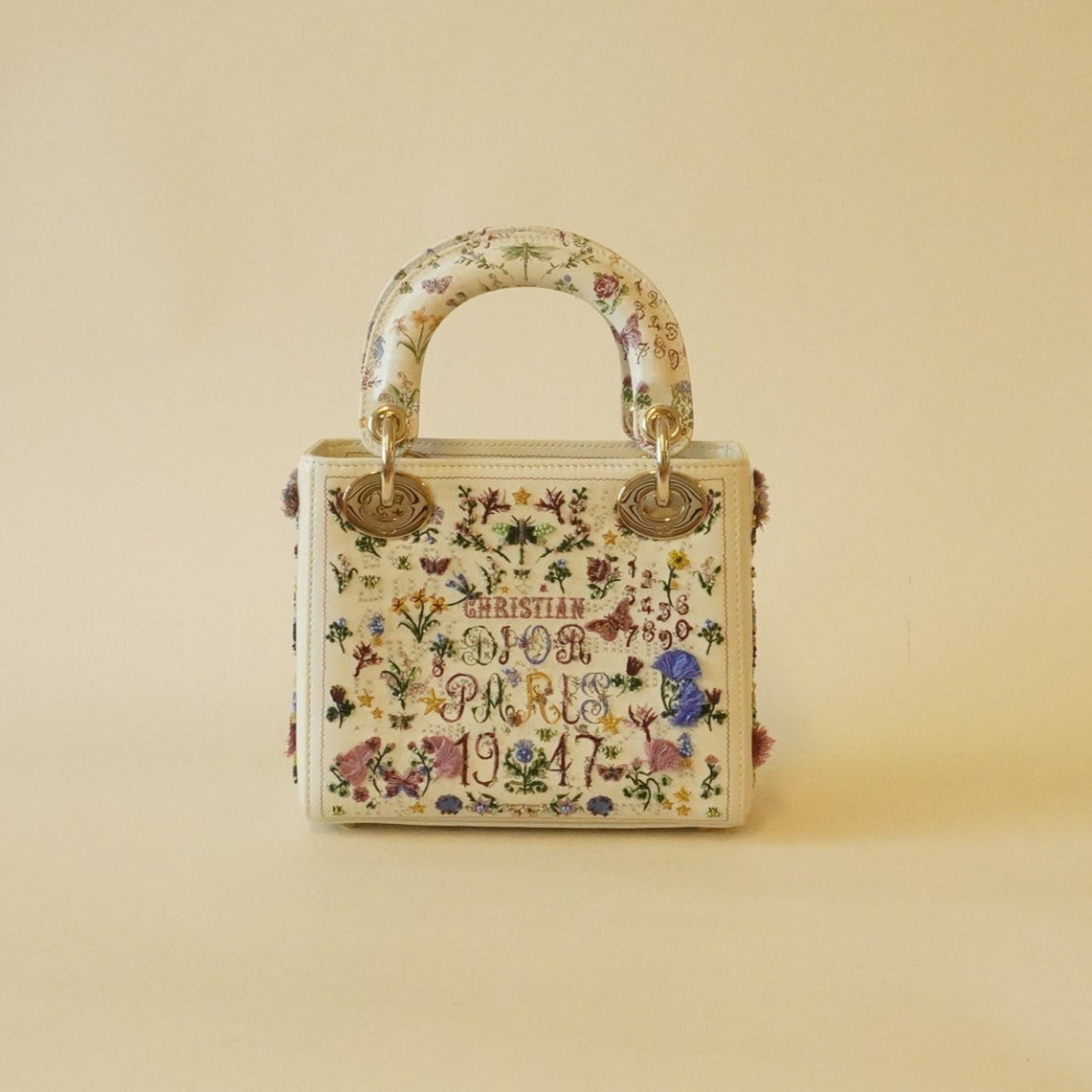 PRE-OWNED Calfskin Beaded Embroidered Paris 1947 Mini Lady Dior Latte Multicolor Hand Bag