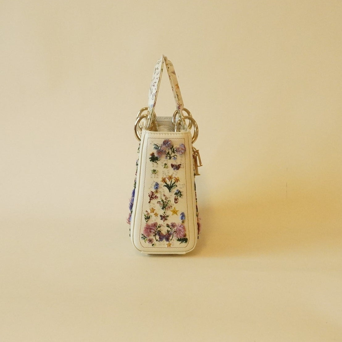 PRE-OWNED Calfskin Beaded Embroidered Paris 1947 Mini Lady Dior Latte Multicolor Hand Bag