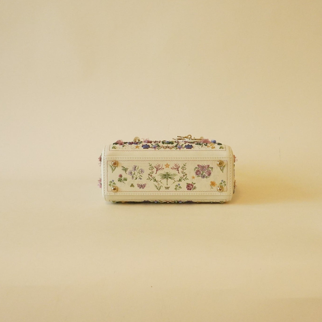 PRE-OWNED Calfskin Beaded Embroidered Paris 1947 Mini Lady Dior Latte Multicolor Hand Bag
