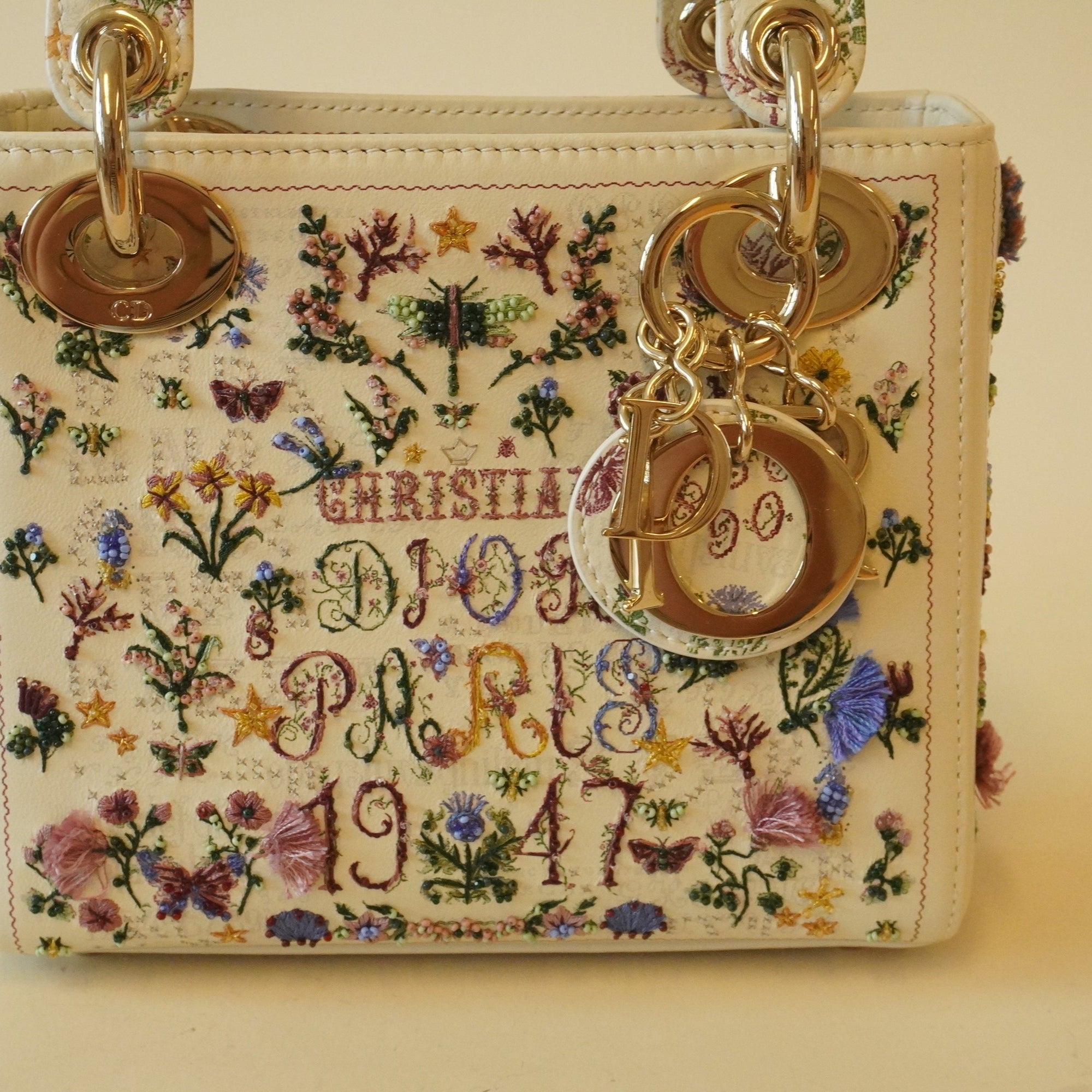 PRE-OWNED Calfskin Beaded Embroidered Paris 1947 Mini Lady Dior Latte Multicolor Hand Bag