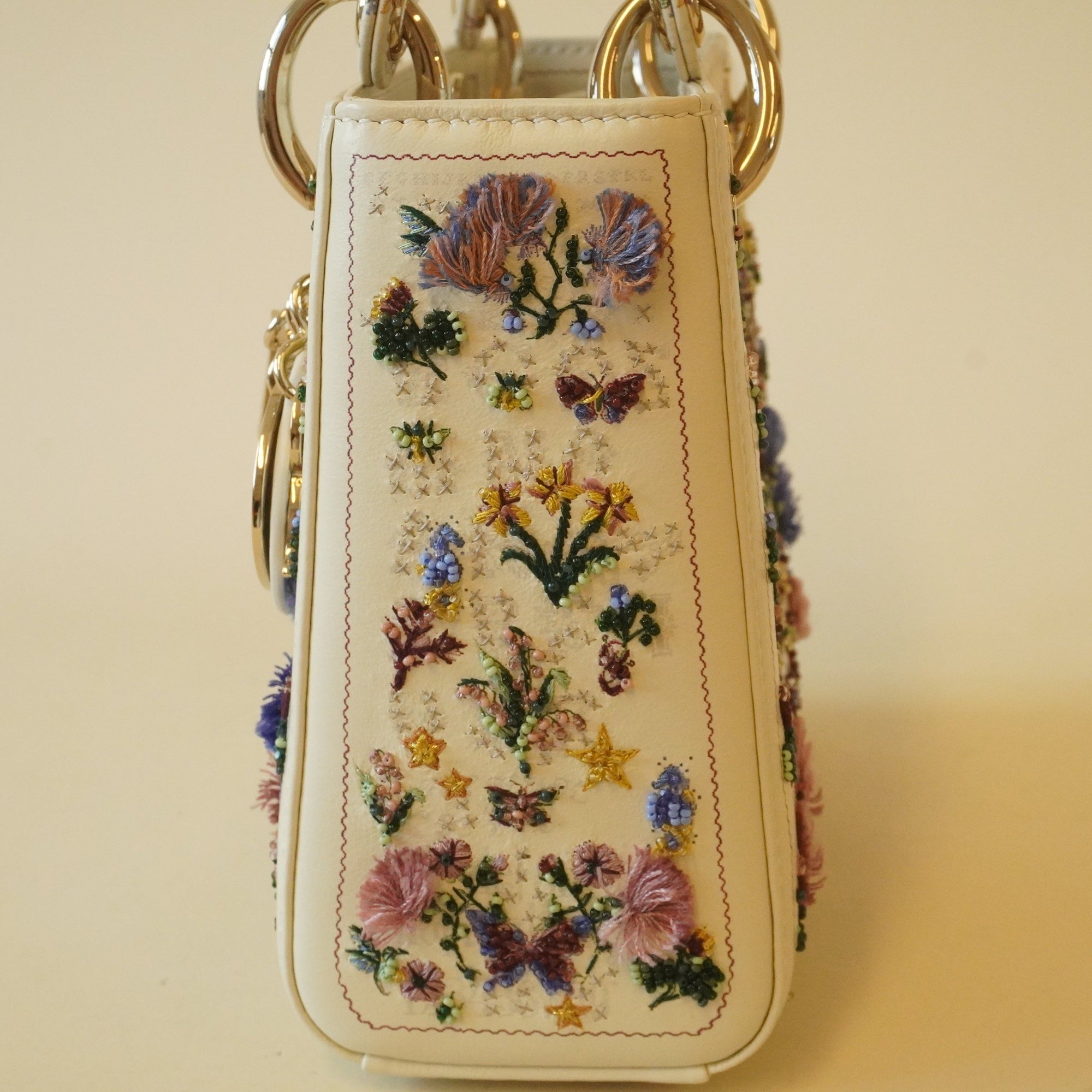 PRE-OWNED Calfskin Beaded Embroidered Paris 1947 Mini Lady Dior Latte Multicolor Hand Bag