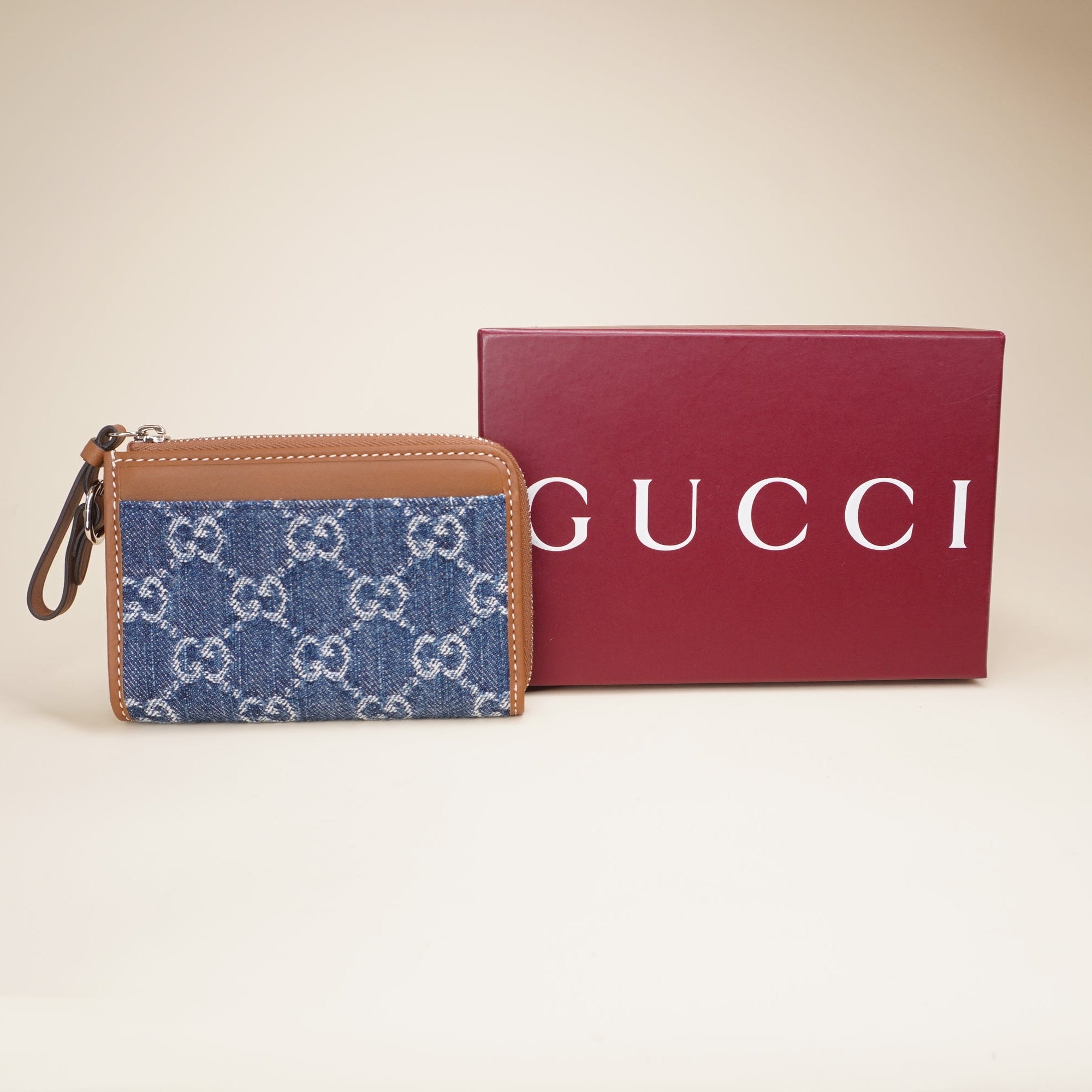 PRE-OWNED GG Denim Leather Card Holder 