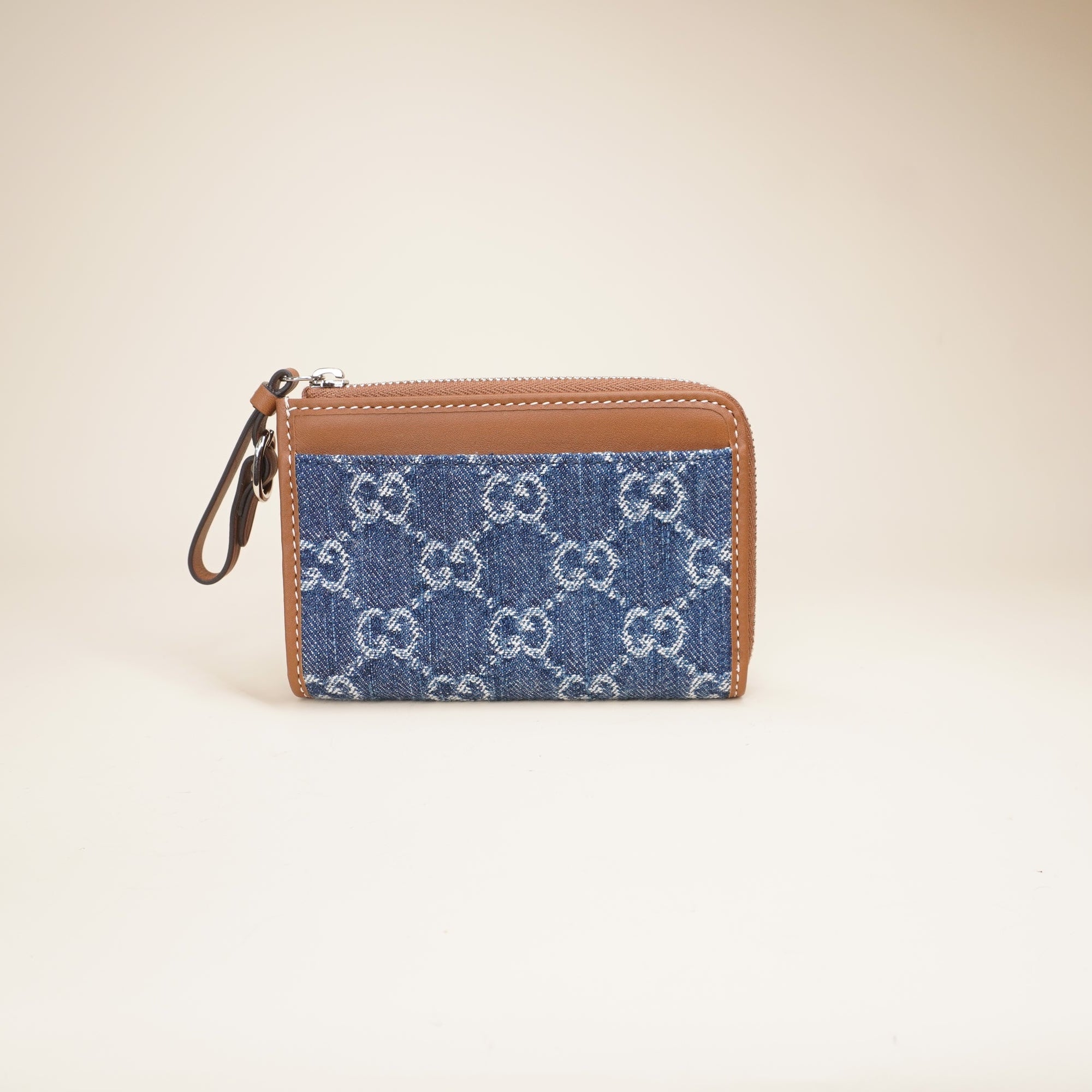 PRE-OWNED GG Denim Leather Card Holder 