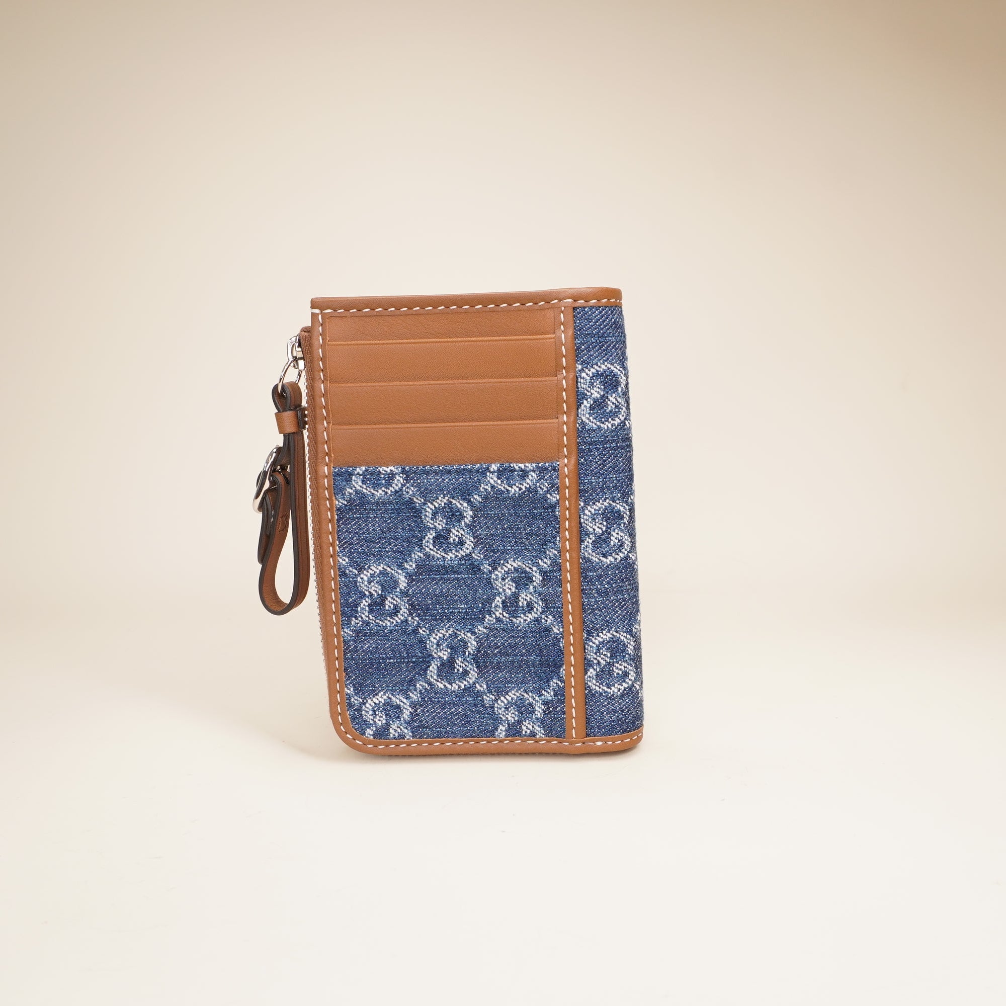 PRE-OWNED GG Denim Leather Card Holder 