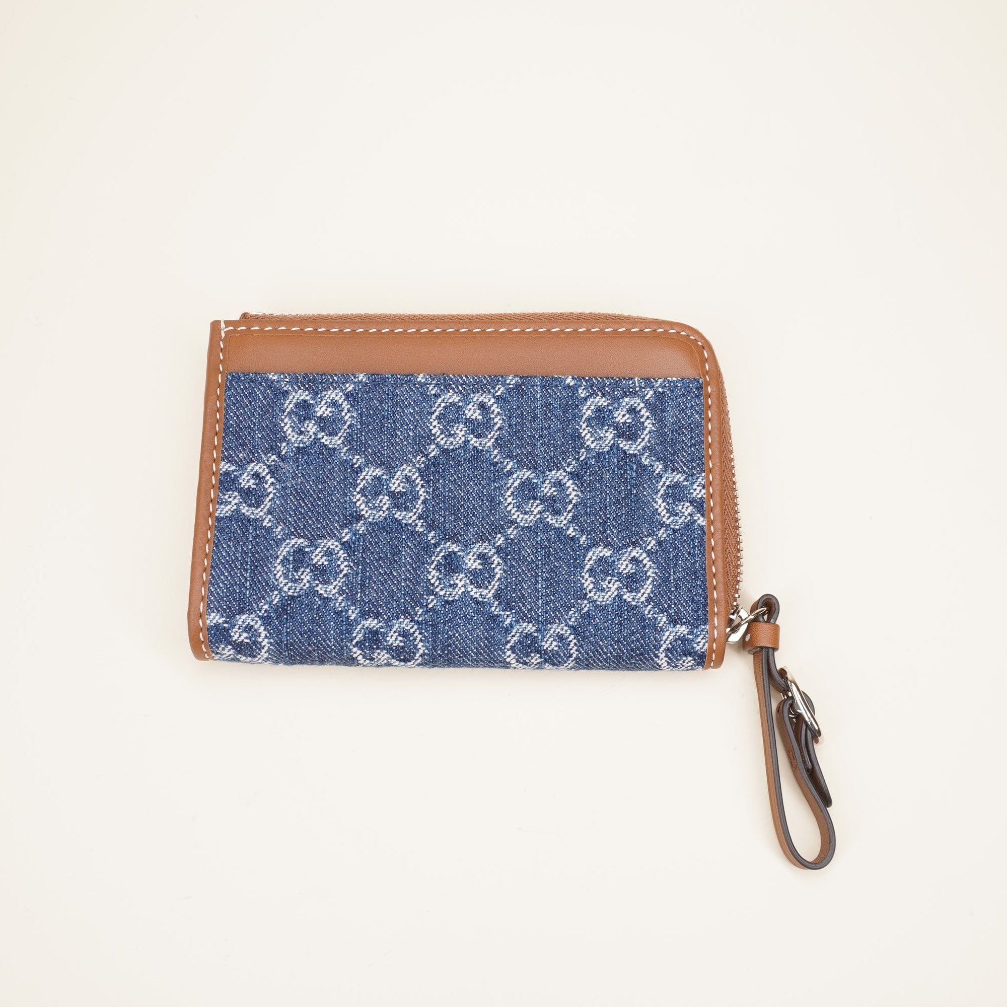 PRE-OWNED GG Denim Leather Card Holder 