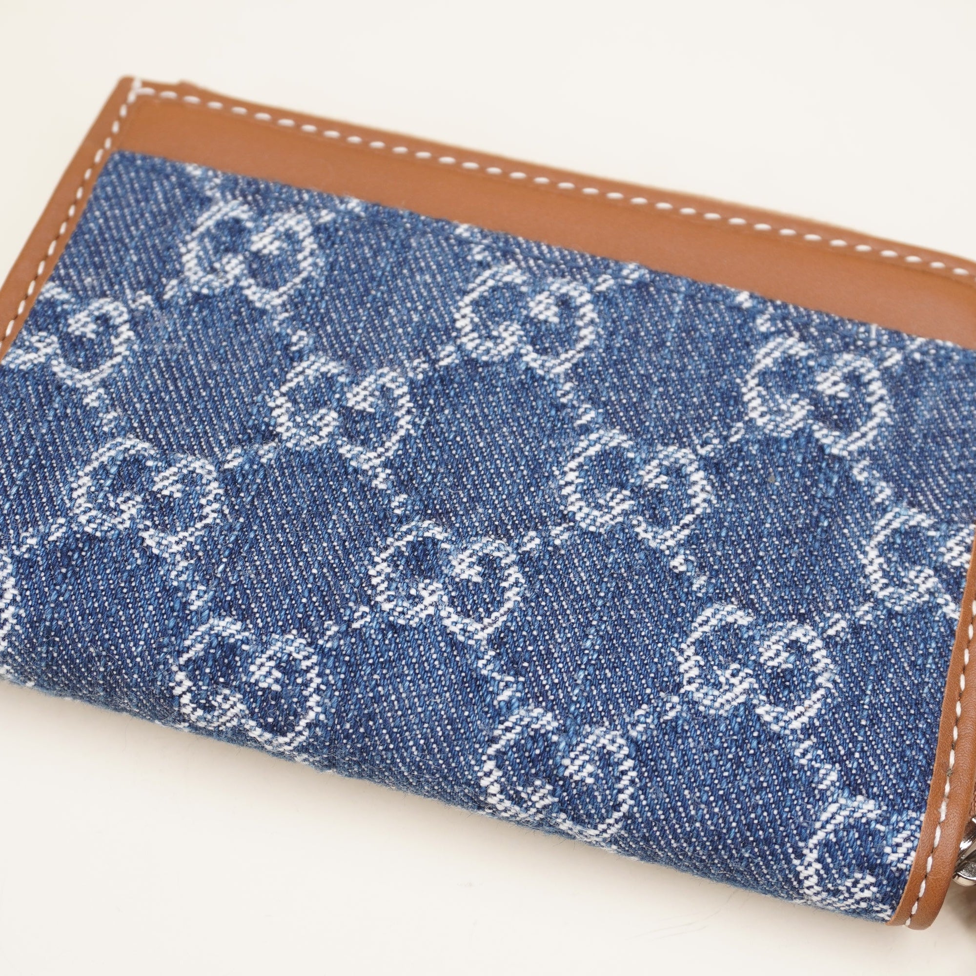 PRE-OWNED GG Denim Leather Card Holder 
