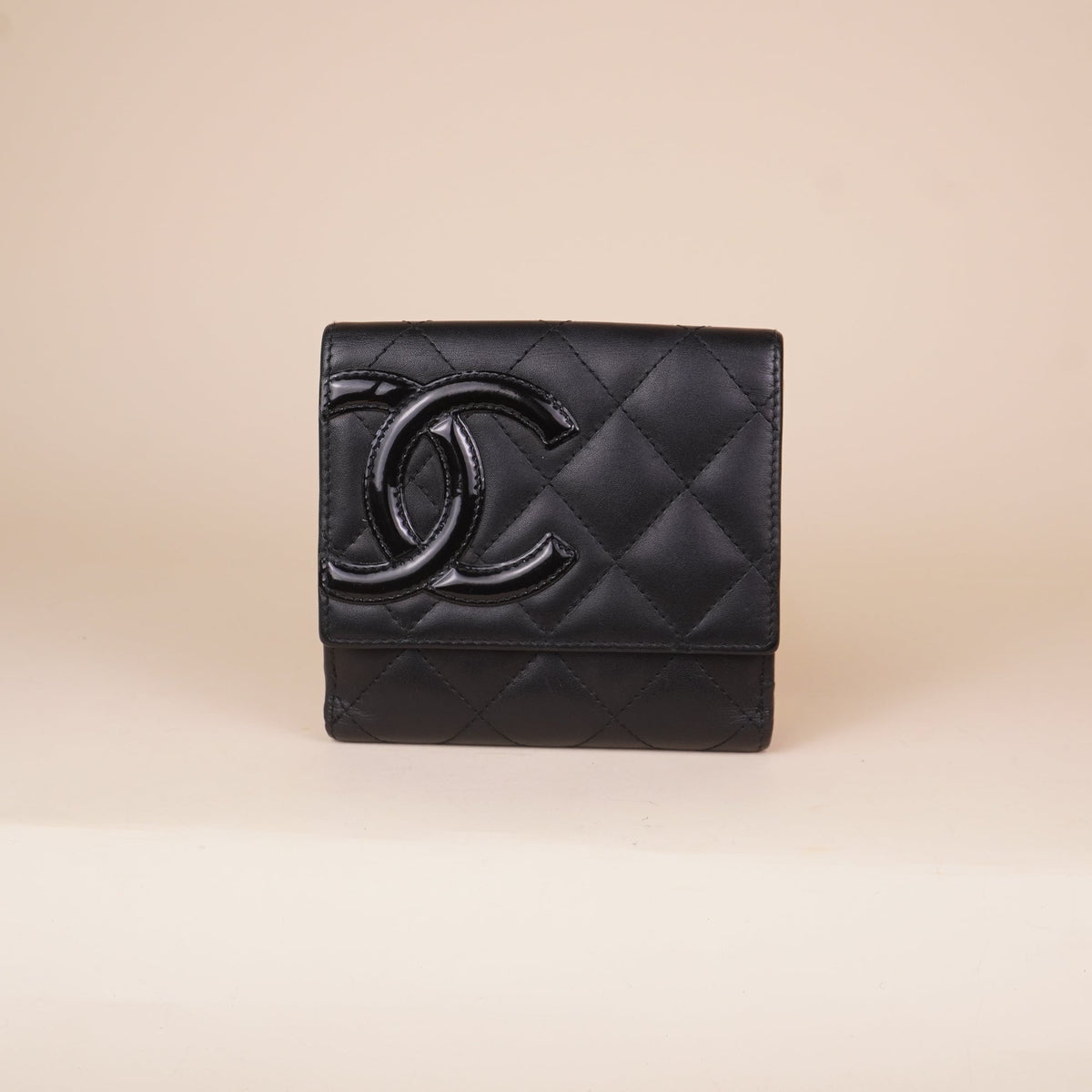 PRE-OWNED CC Calfskin Quilted Cambon Flap Wallet Black