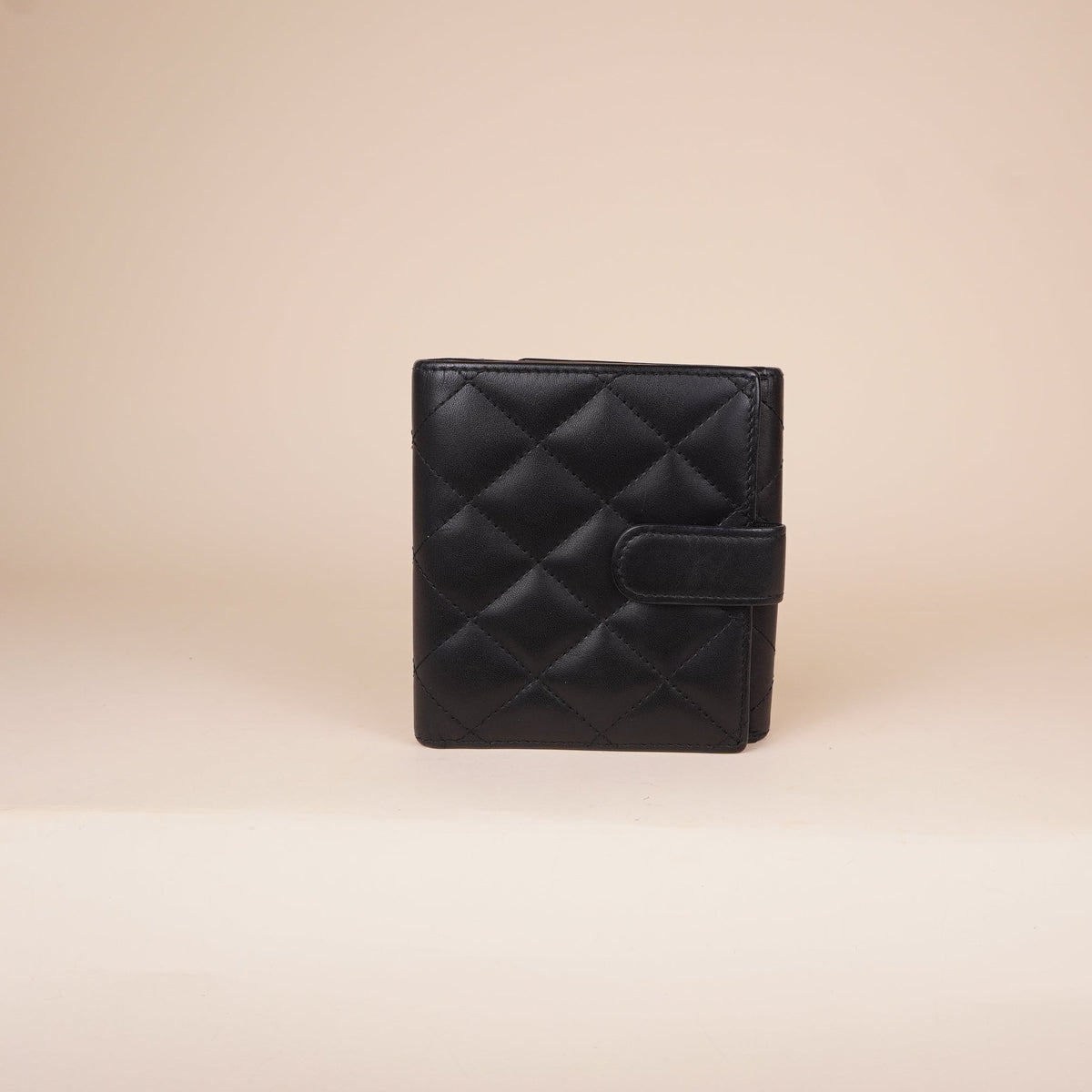 PRE-OWNED CC Calfskin Quilted Cambon Flap Wallet Black