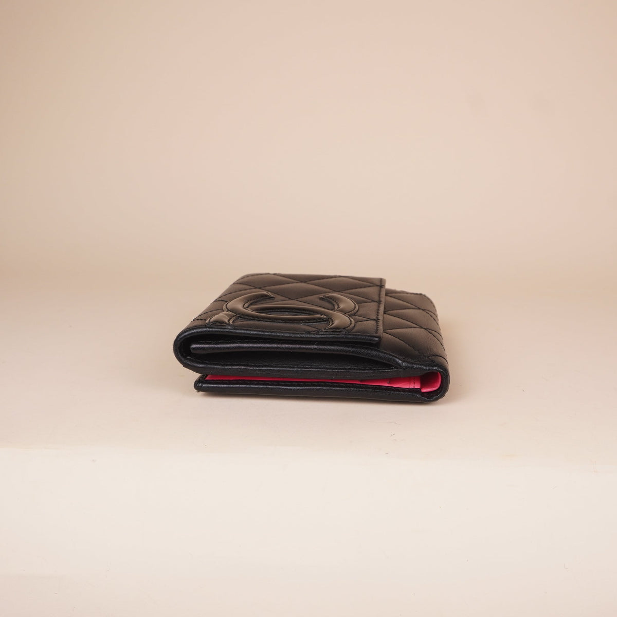 PRE-OWNED CC Calfskin Quilted Cambon Flap Wallet Black