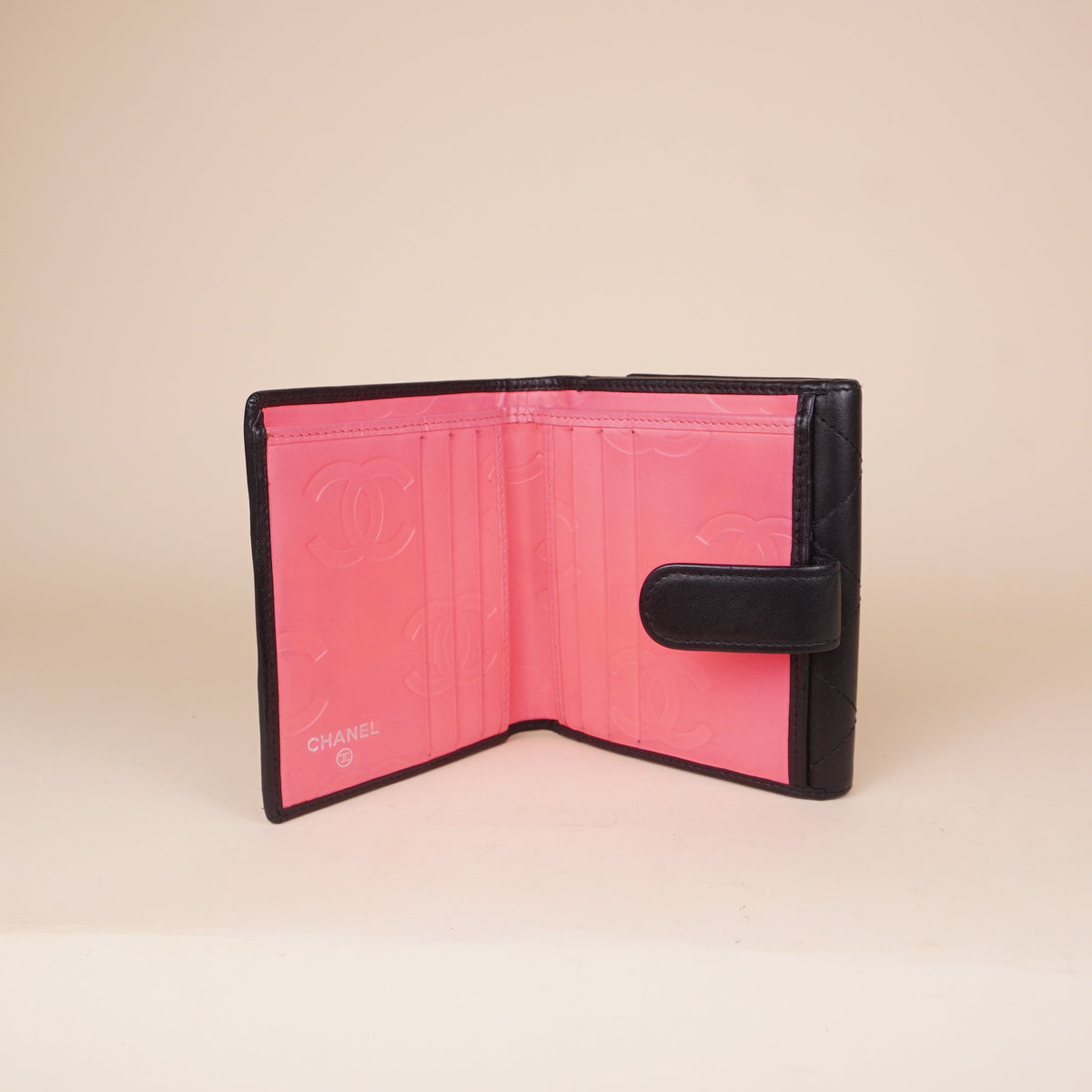PRE-OWNED CC Calfskin Quilted Cambon Flap Wallet Black