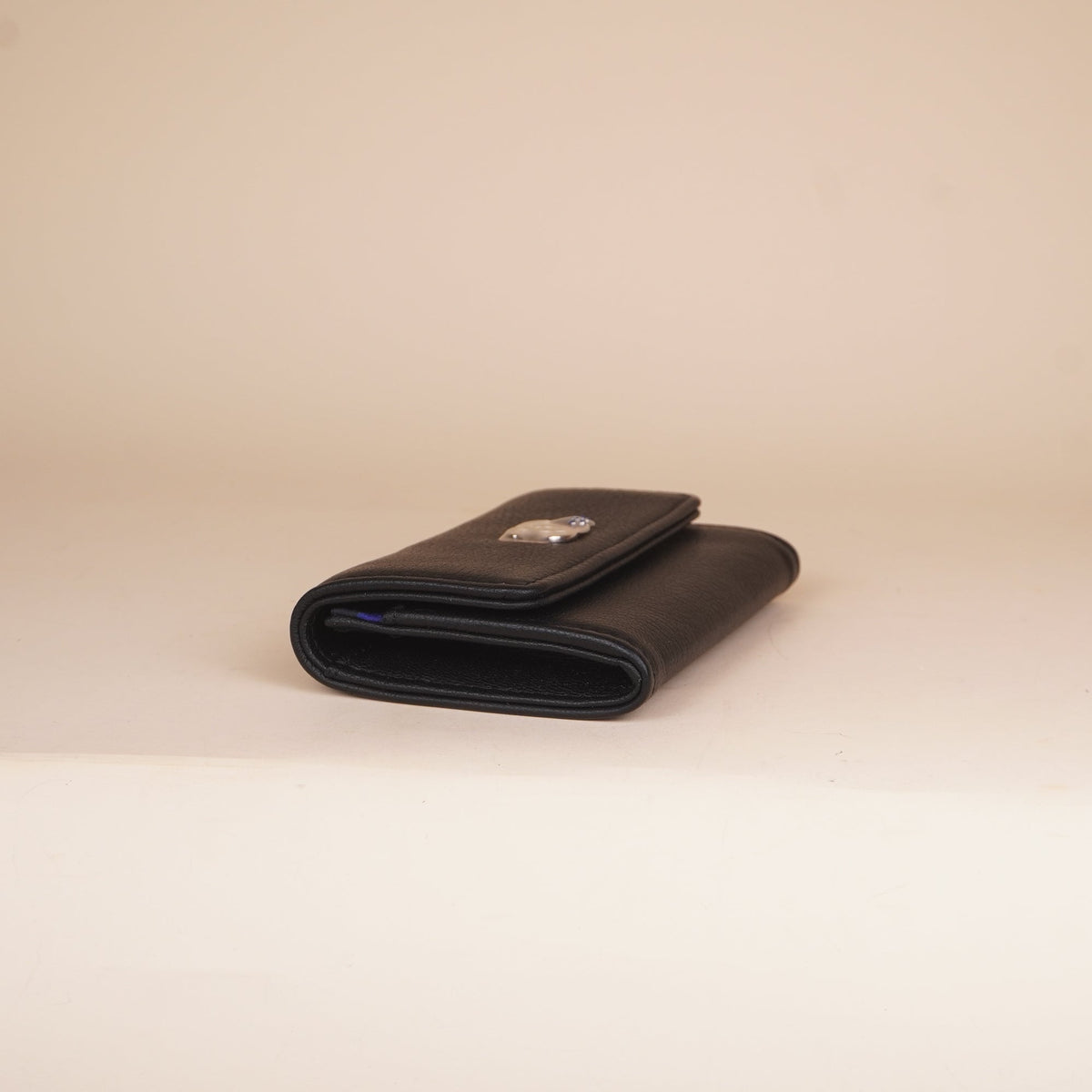 CHANEL - Grained Goatskin Leather Enamel and Gold-Colored Metal Black Card Holder