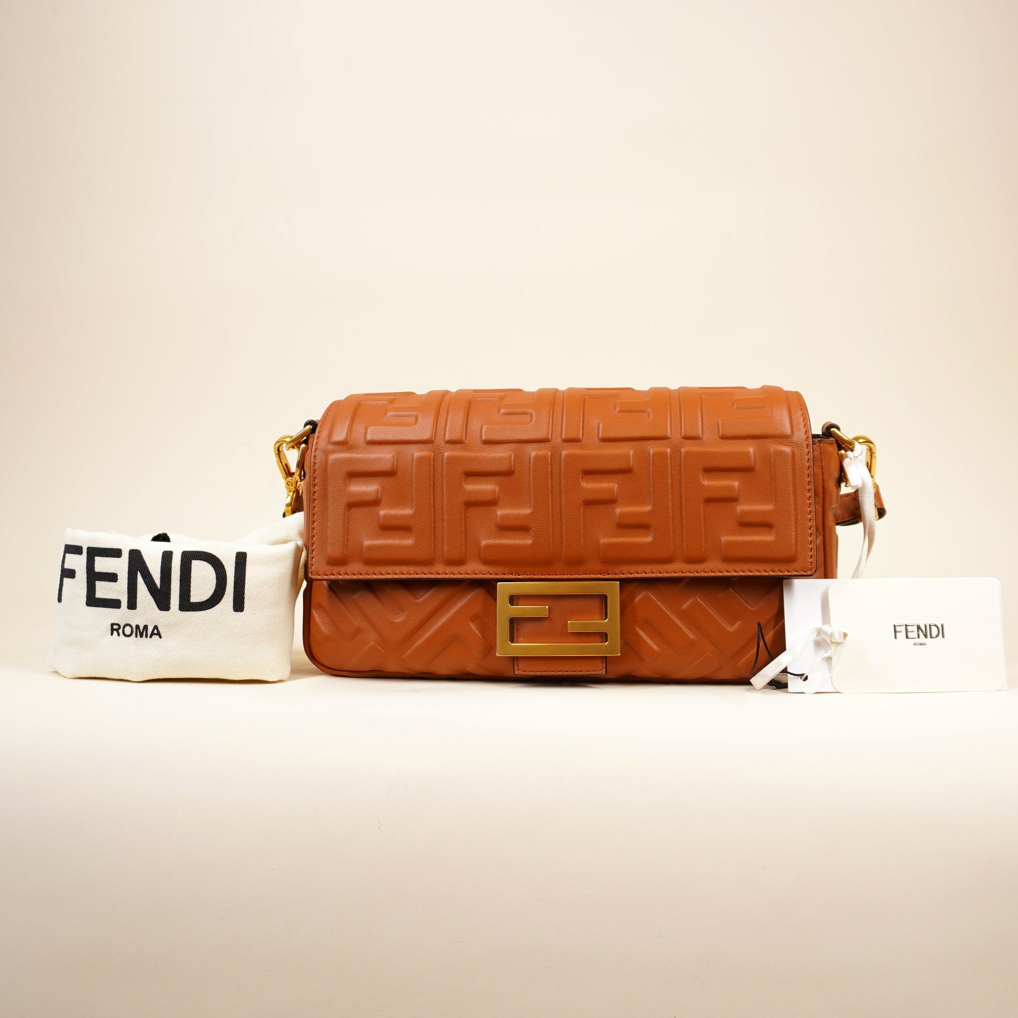 PRE-OWNED FF Baguette Brown Calfskin Medium Shoulder Bag