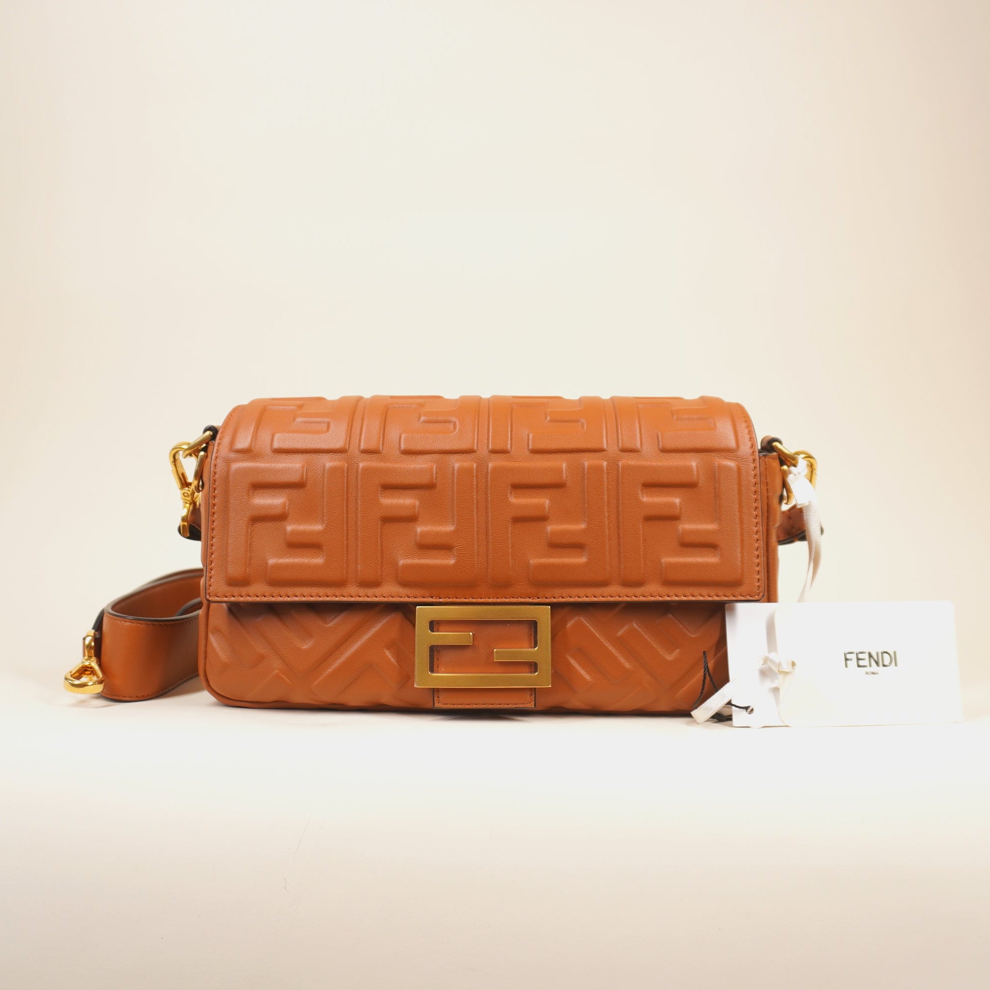 PRE-OWNED FF Baguette Brown Calfskin Medium Shoulder Bag