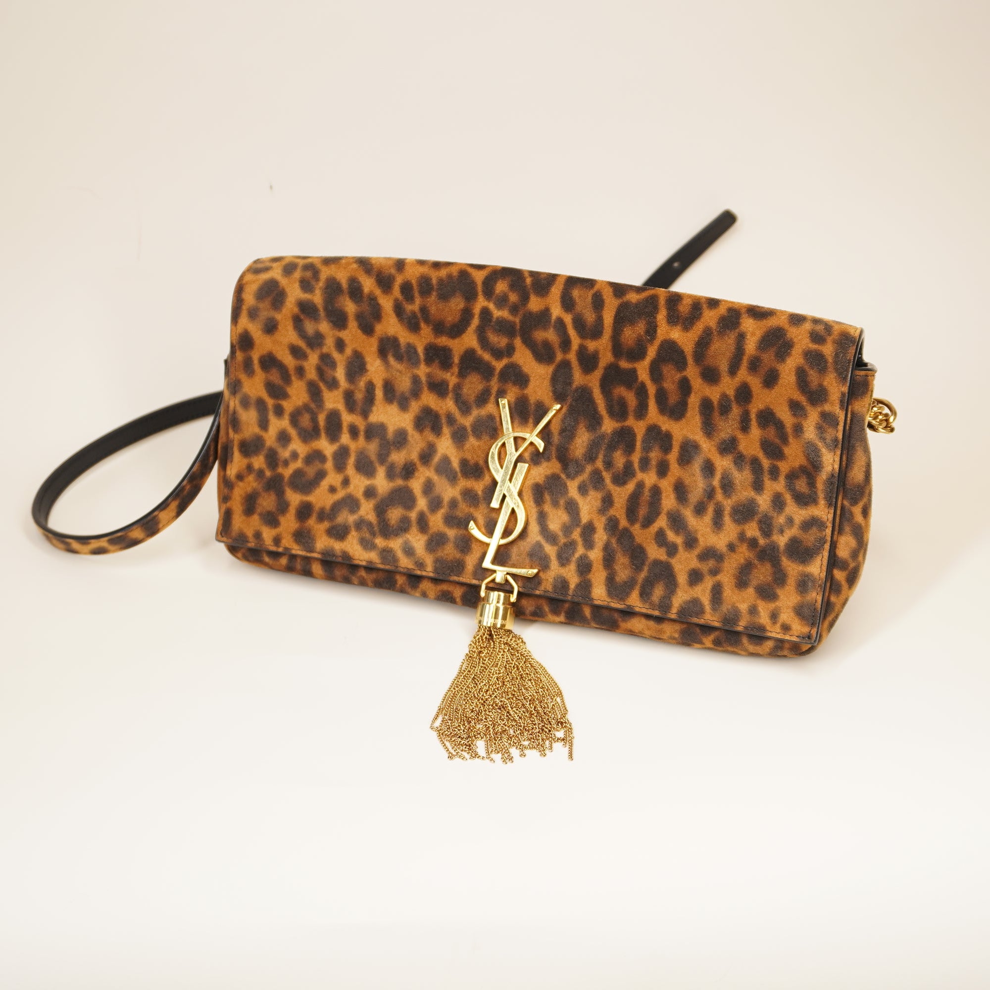 PRE-OWNED Suede Leopard Print Monogram Tassel Kate 99 Crossbody Bag