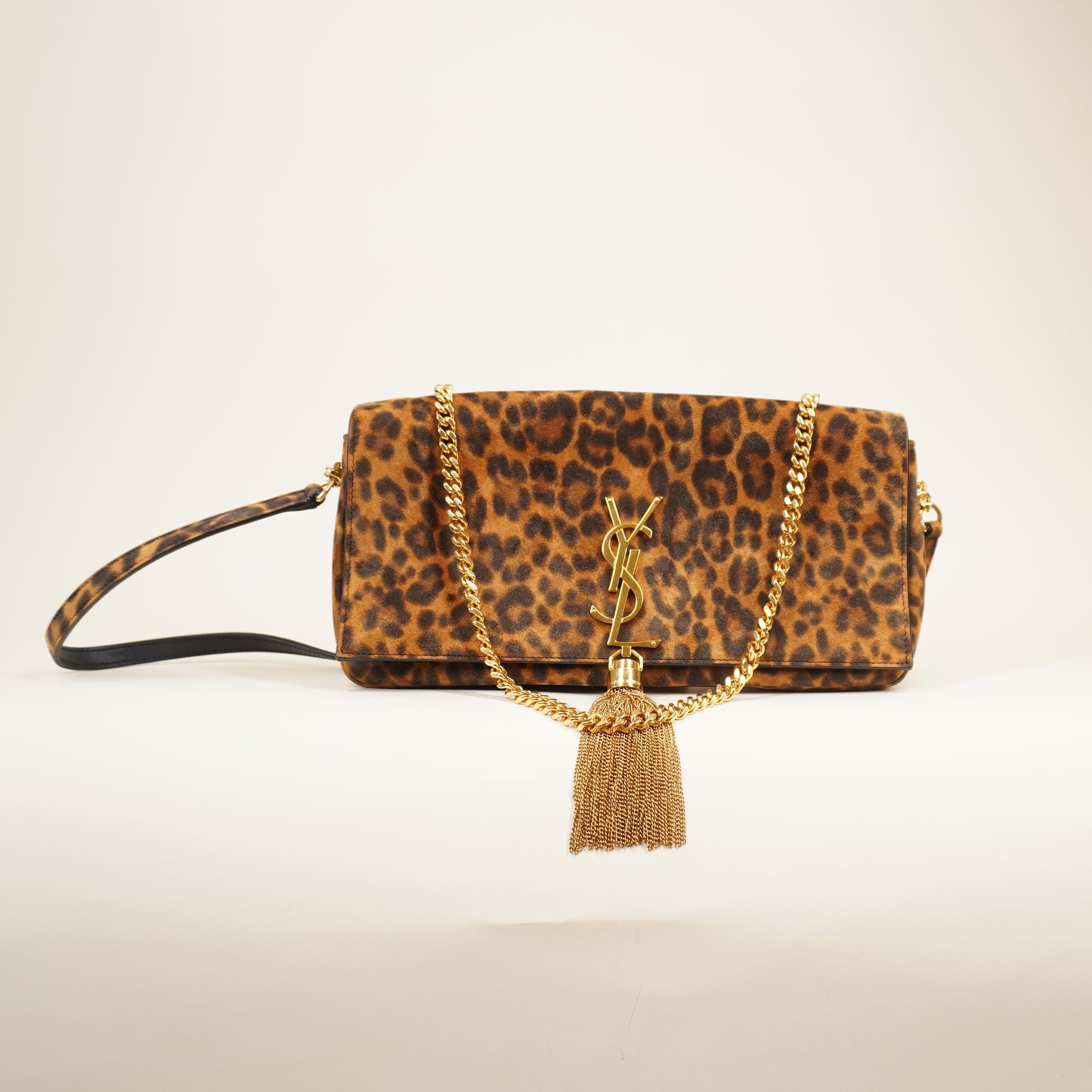 PRE-OWNED Suede Leopard Print Monogram Tassel Kate 99 Crossbody Bag