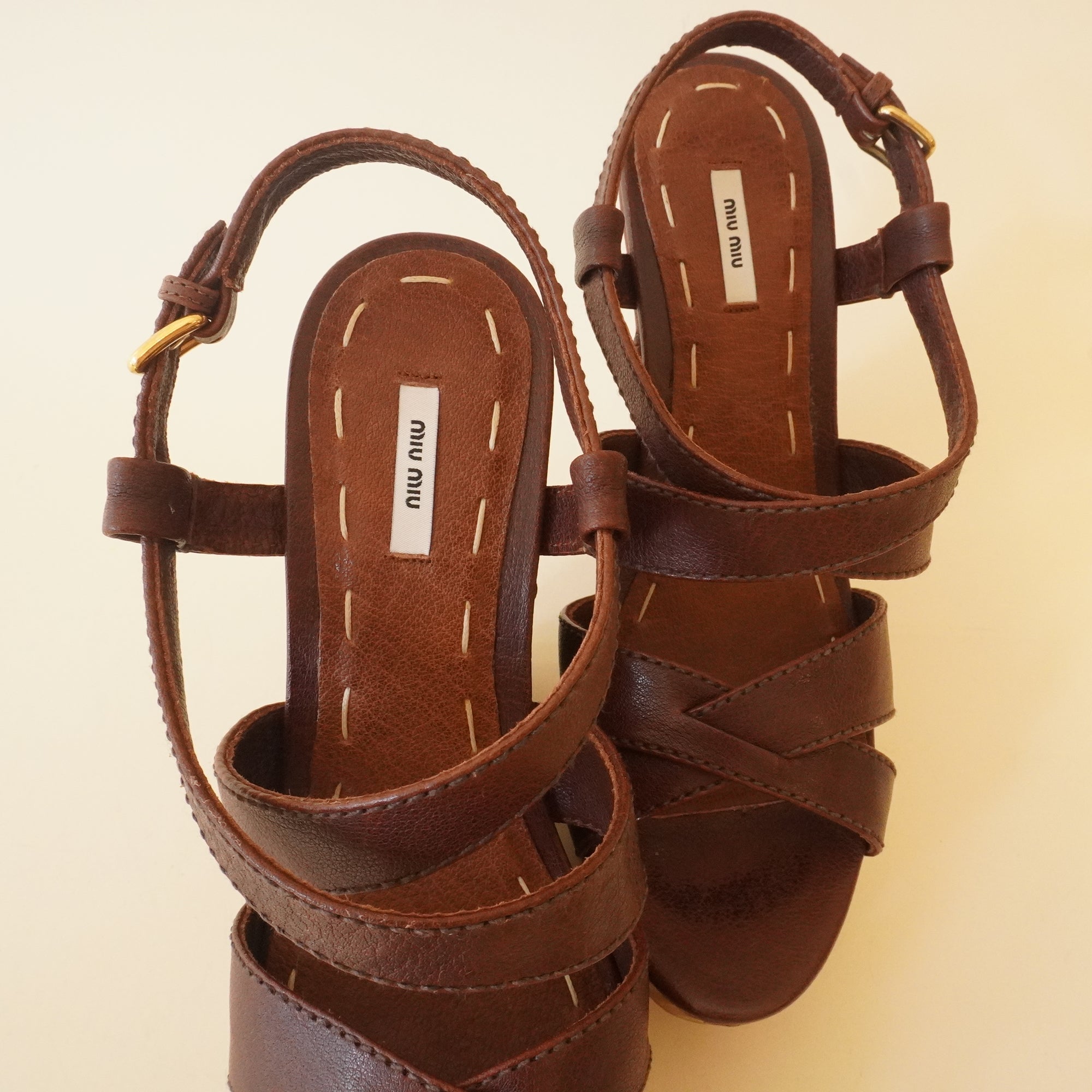 PRE-OWNED Brown Calfskin Patchwork Wedge Sandals (Size 37)