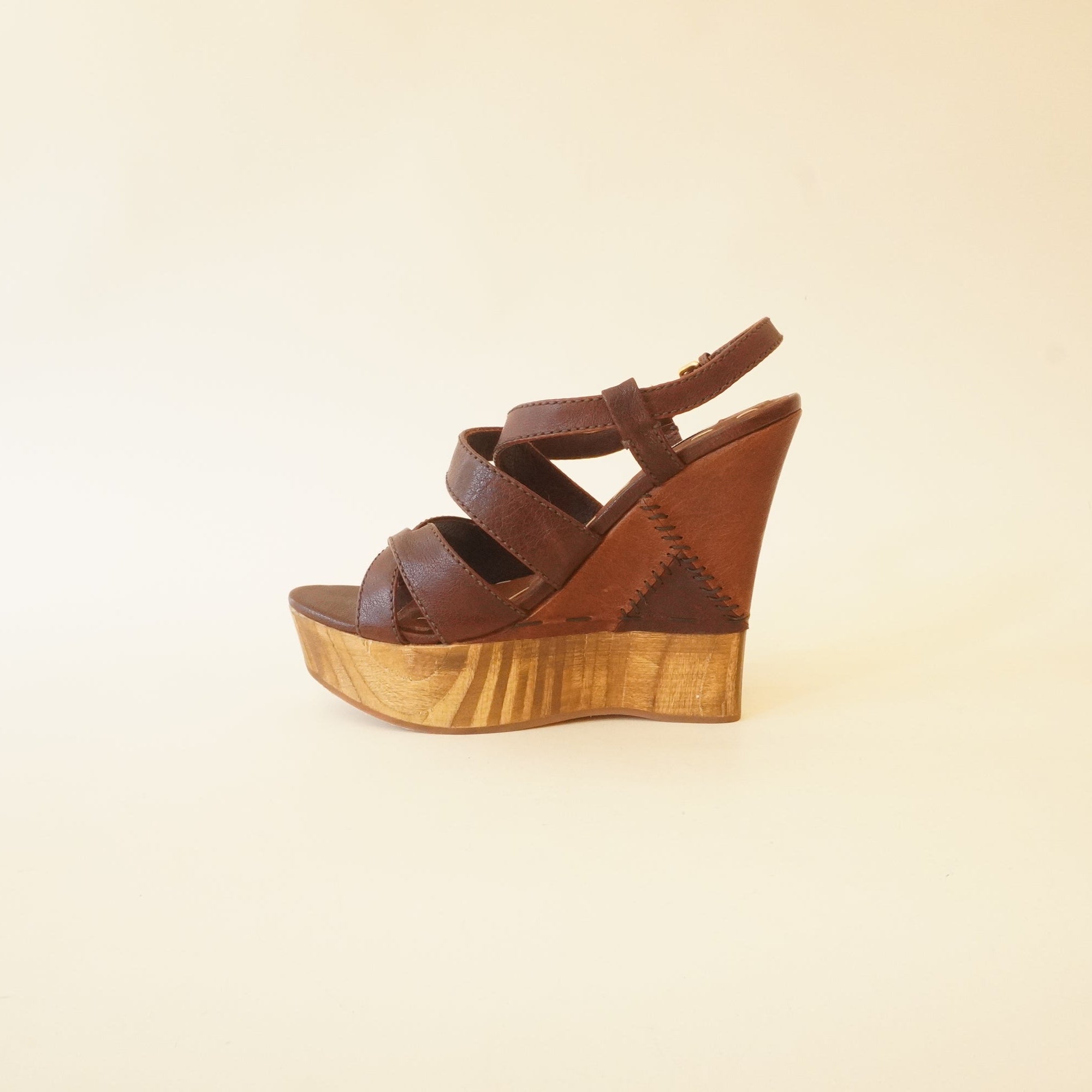 PRE-OWNED Brown Calfskin Patchwork Wedge Sandals (Size 37)