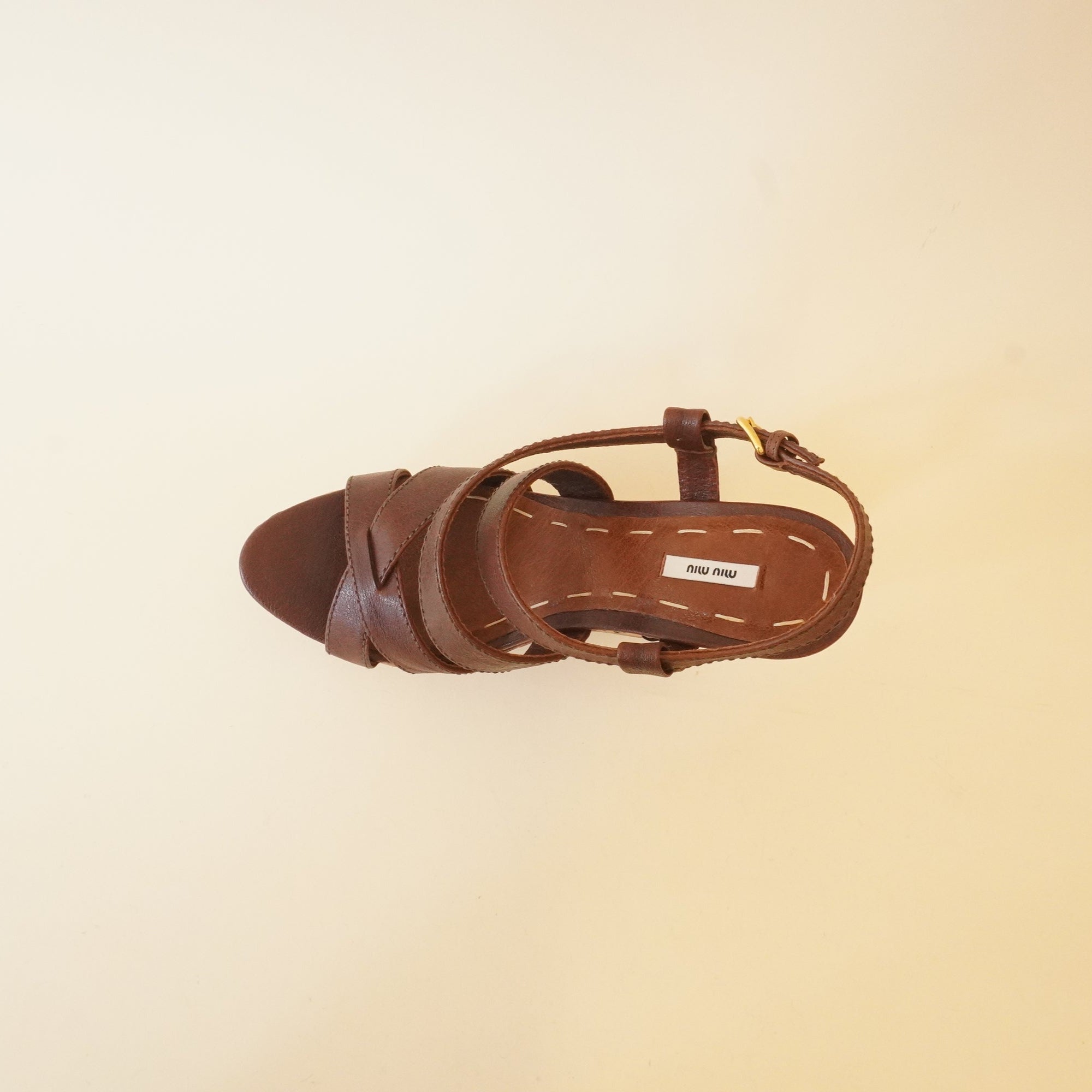 PRE-OWNED Brown Calfskin Patchwork Wedge Sandals (Size 37)