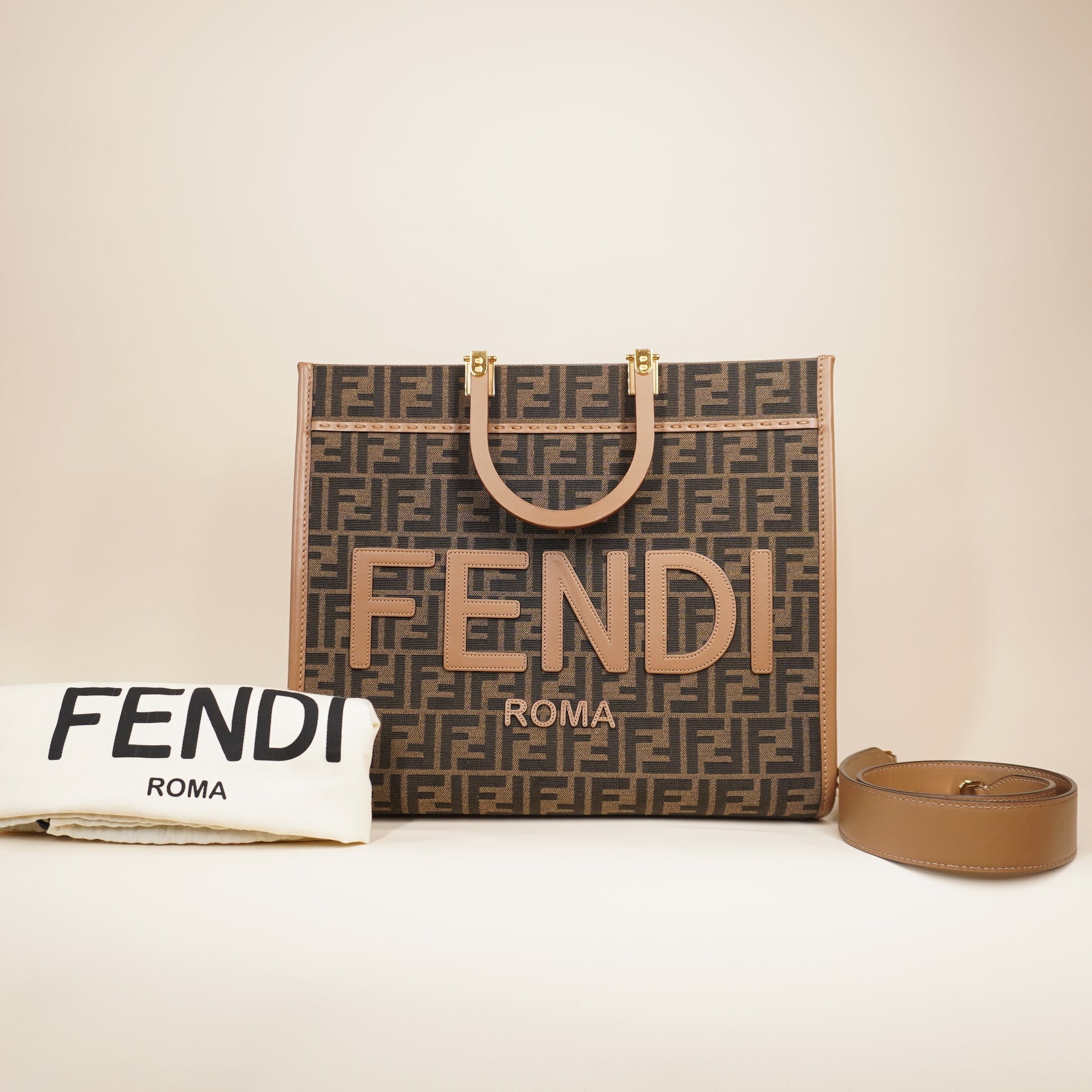 PRE-OWNED FF Sunshine Zucca Canvas Tote Medium Shoulder Bag