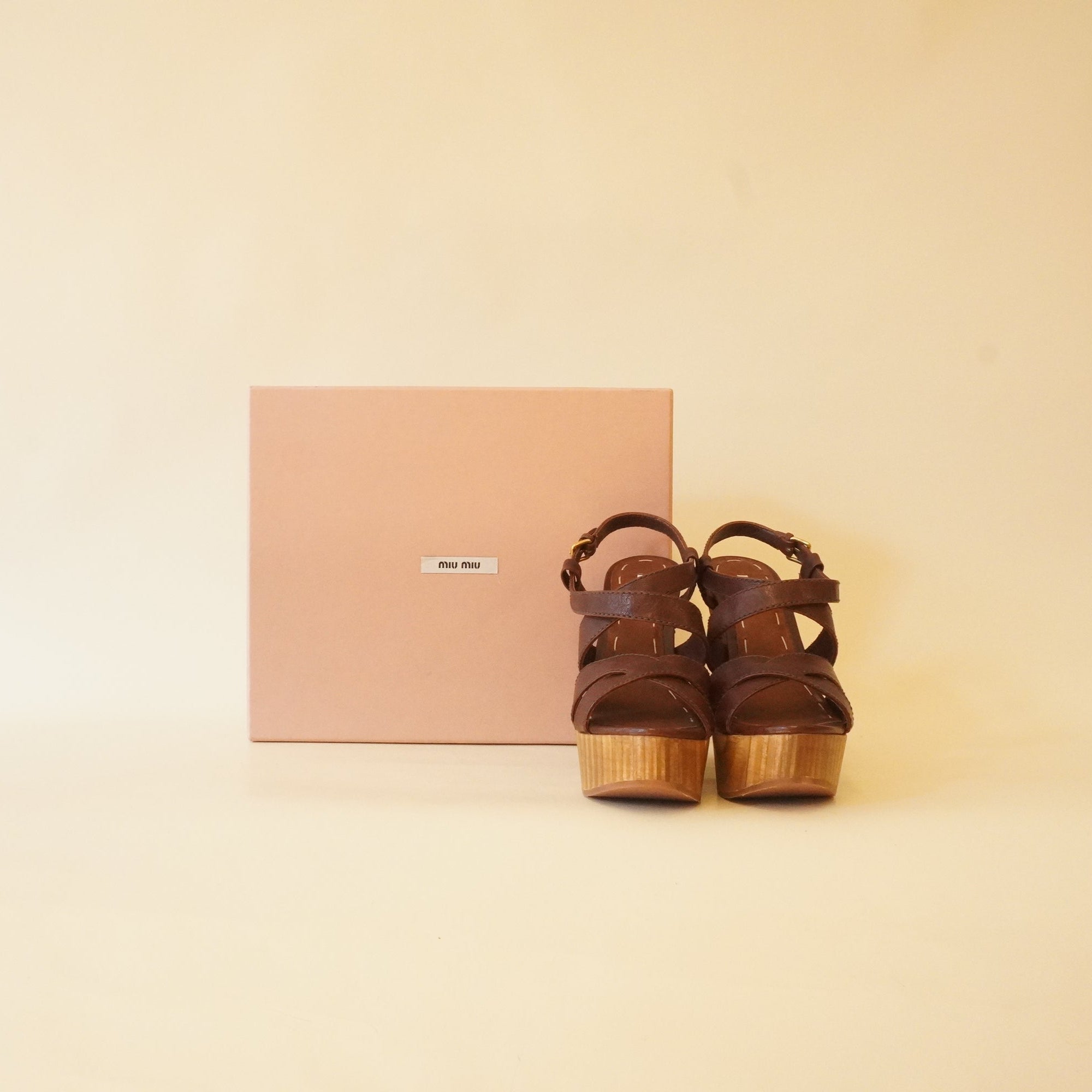 PRE-OWNED Brown Calfskin Patchwork Wedge Sandals (Size 37)