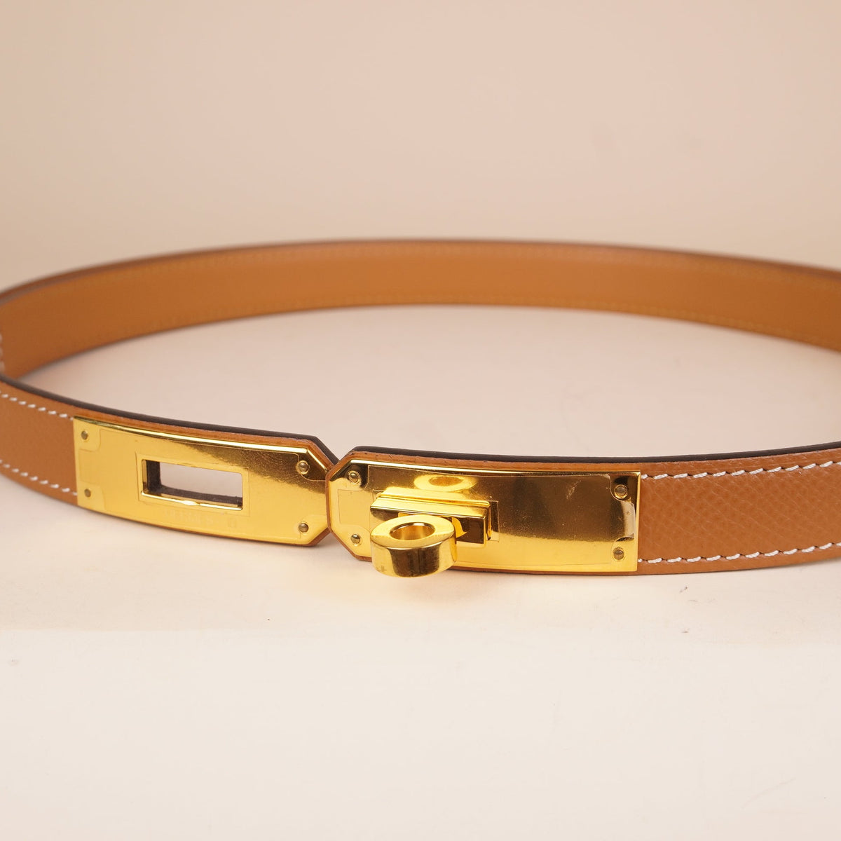 PRE-OWNED Brown Kelly 18 Belt in Gold Epsom