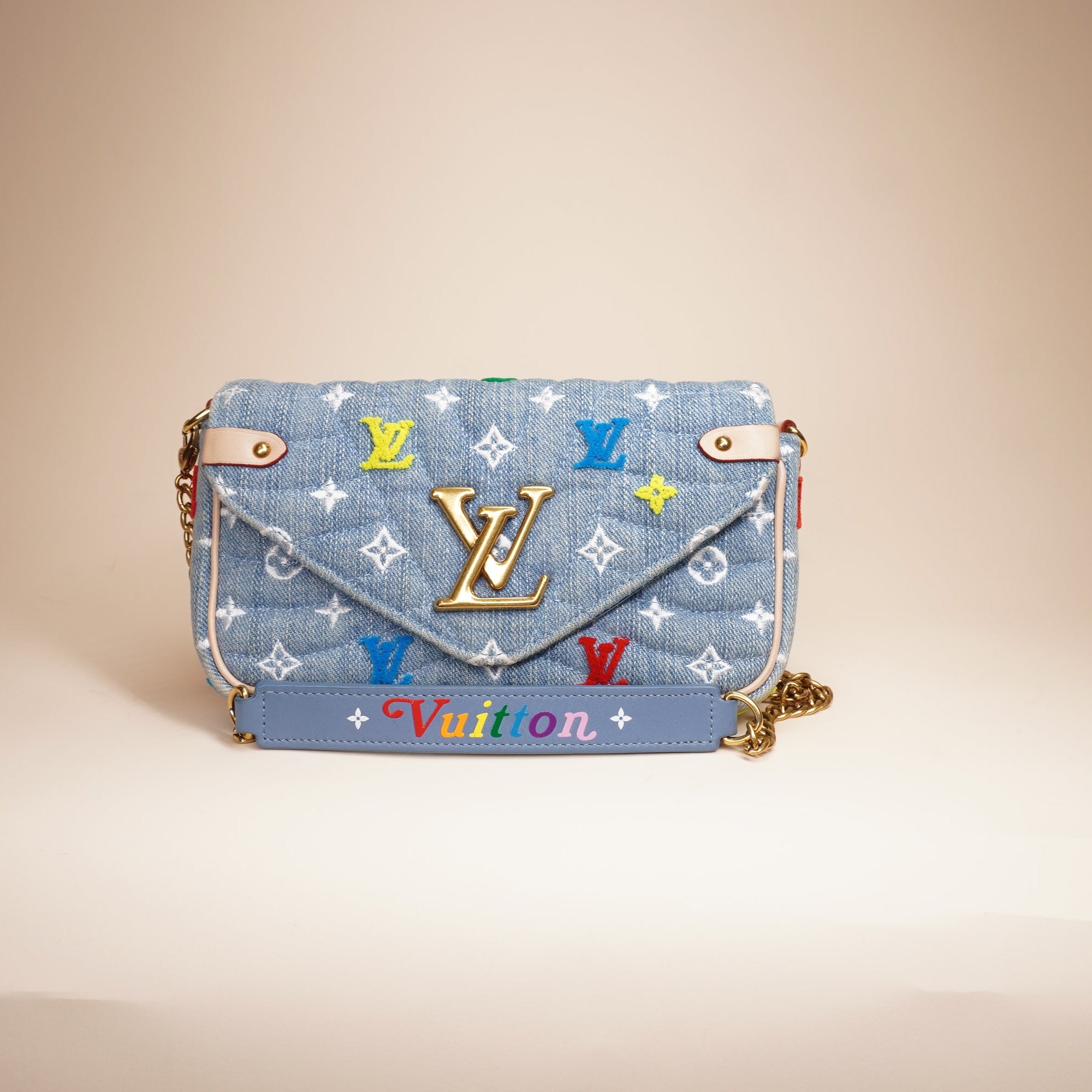 LV Embroidered Monogram Denim New Wave Chain Pochette Shoulder Bag