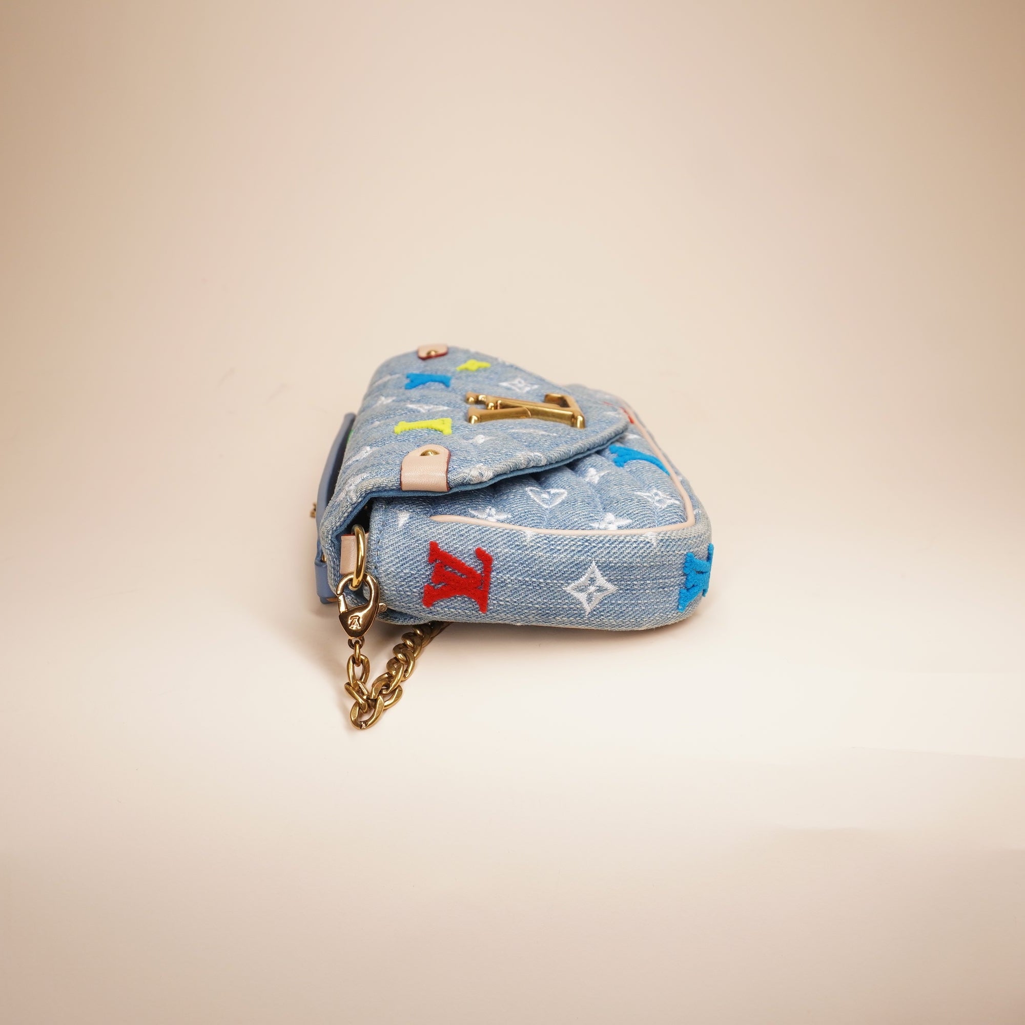 LV Embroidered Monogram Denim New Wave Chain Pochette Shoulder Bag