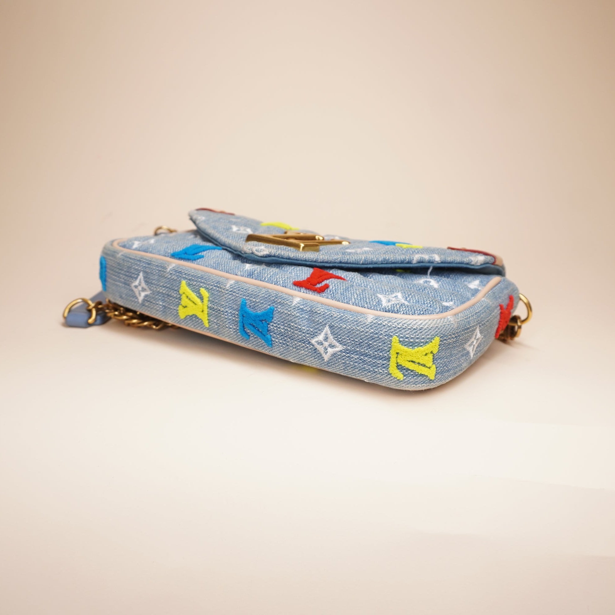 LV Embroidered Monogram Denim New Wave Chain Pochette Shoulder Bag