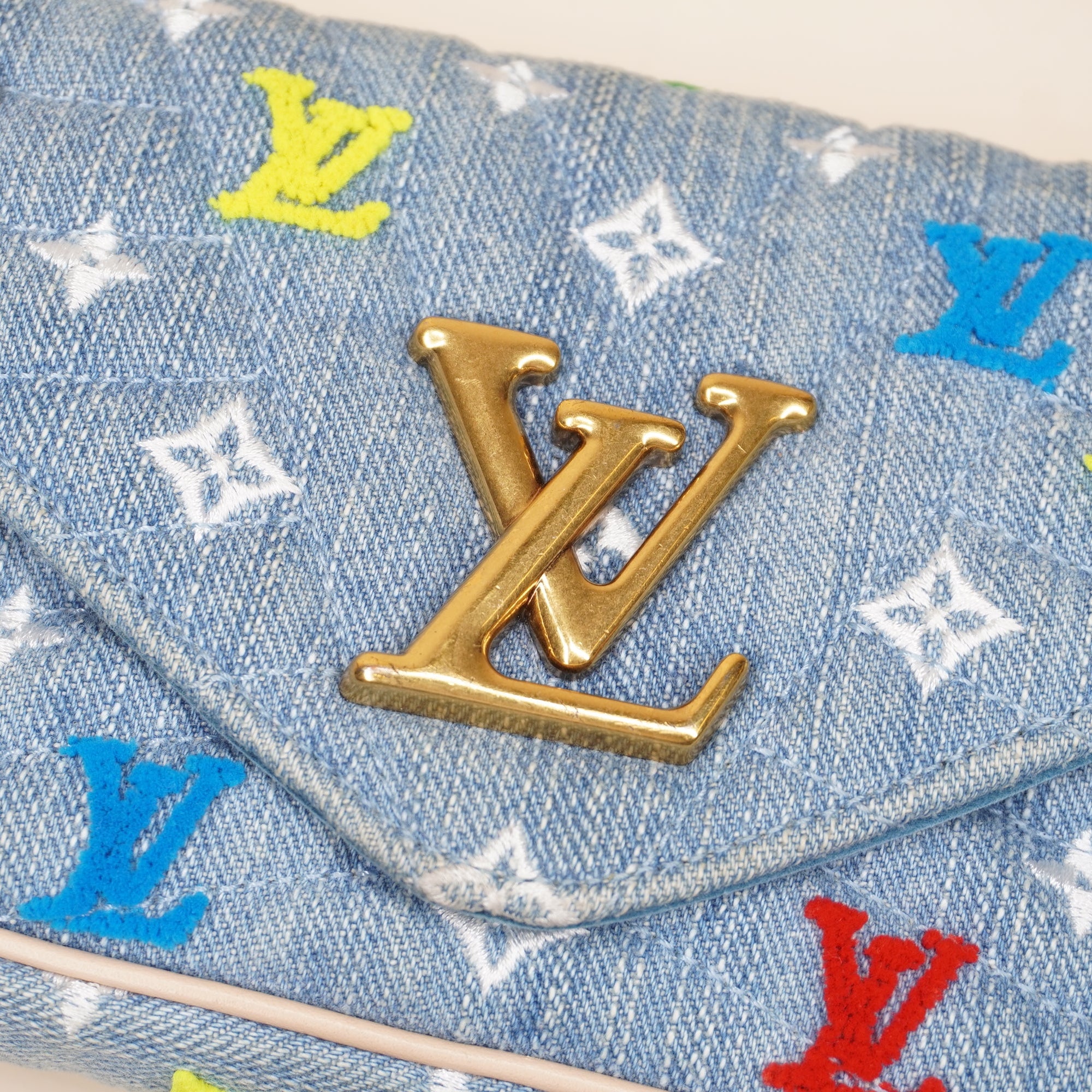 LV Embroidered Monogram Denim New Wave Chain Pochette Shoulder Bag