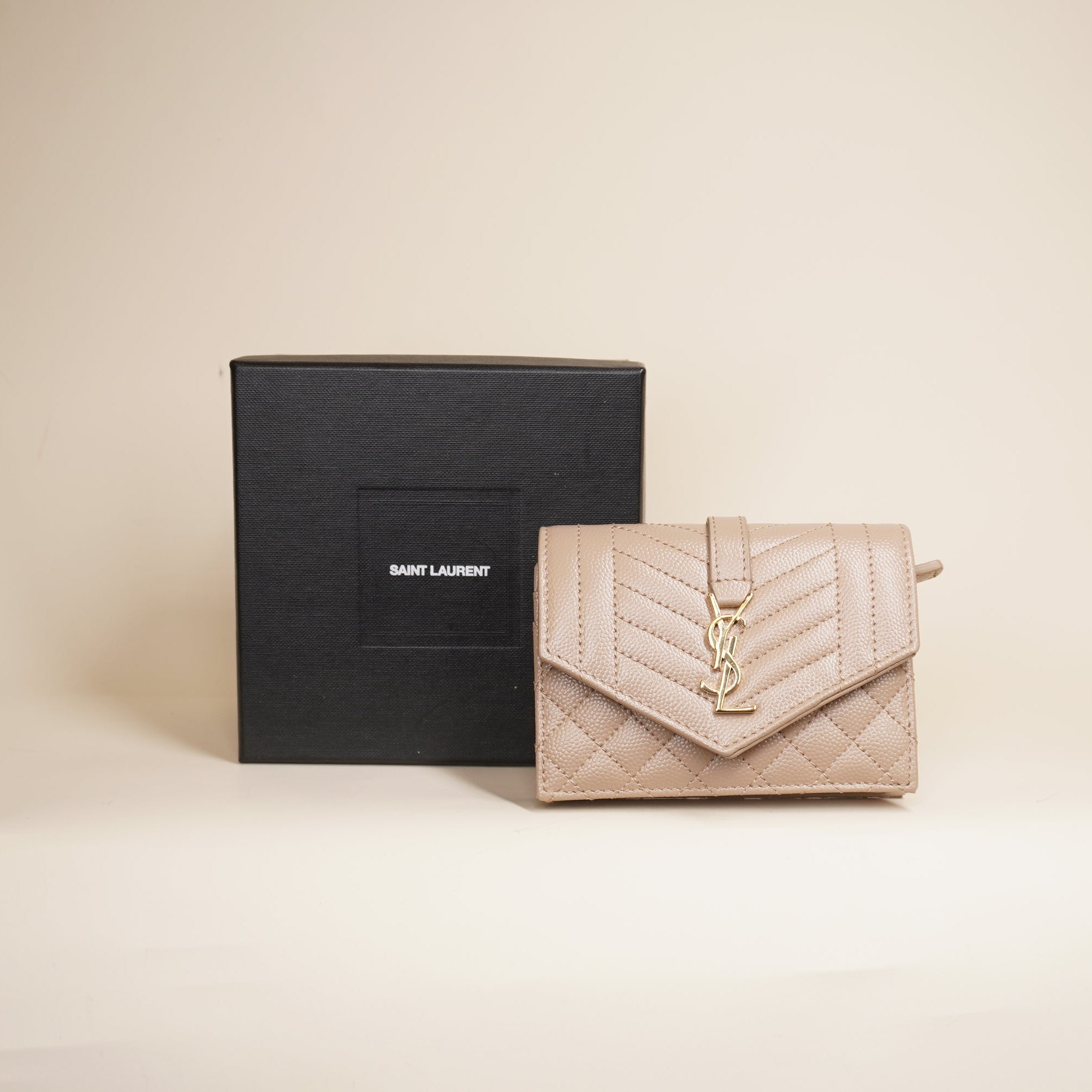 PRE-OWNED Grain De Poudre Mixed Matelasse Triquilt Monogram Compact Tri Fold Wallet