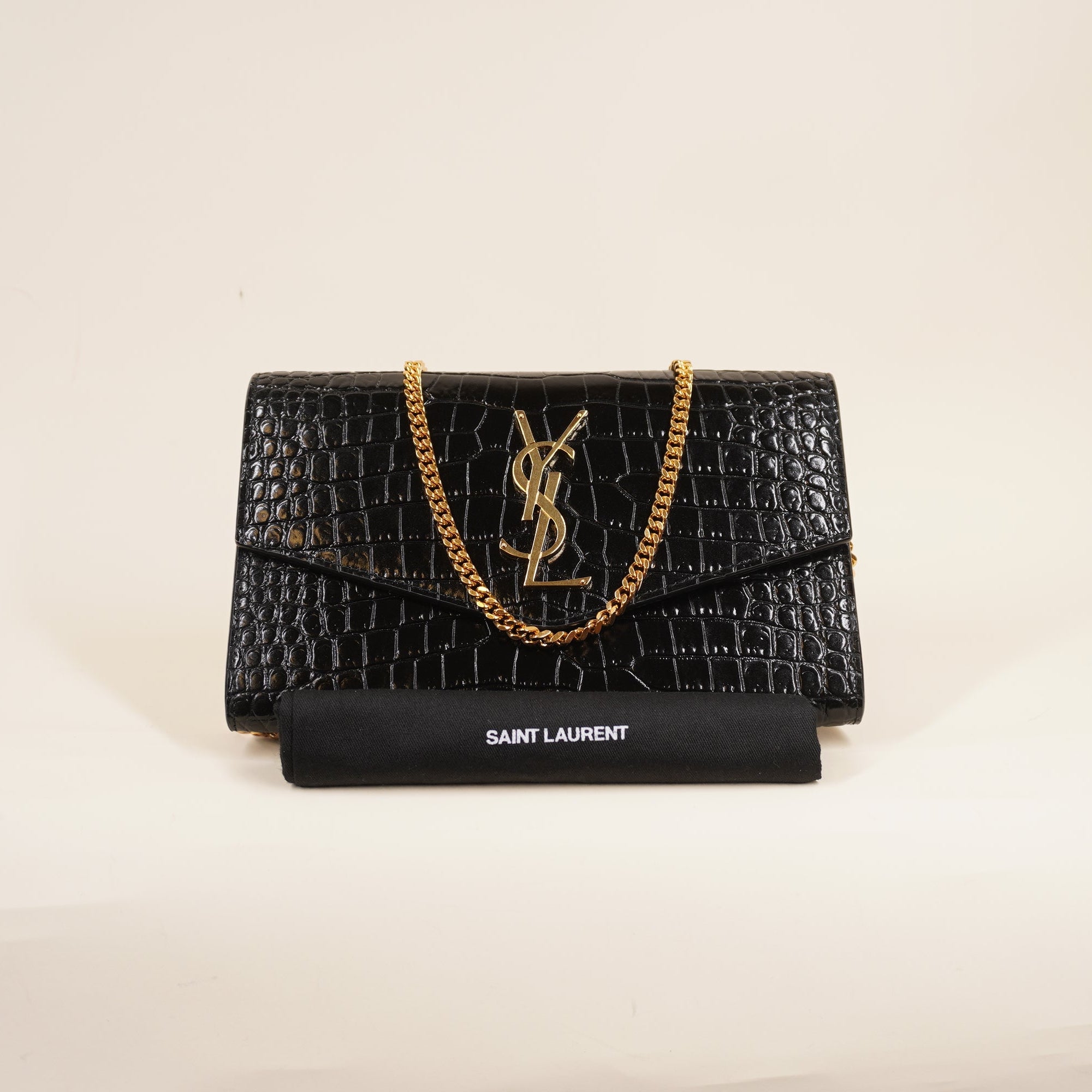 PRE-OWNED Black Croc Embossed Leather Uptown Chain Wallet Crossbody Bag