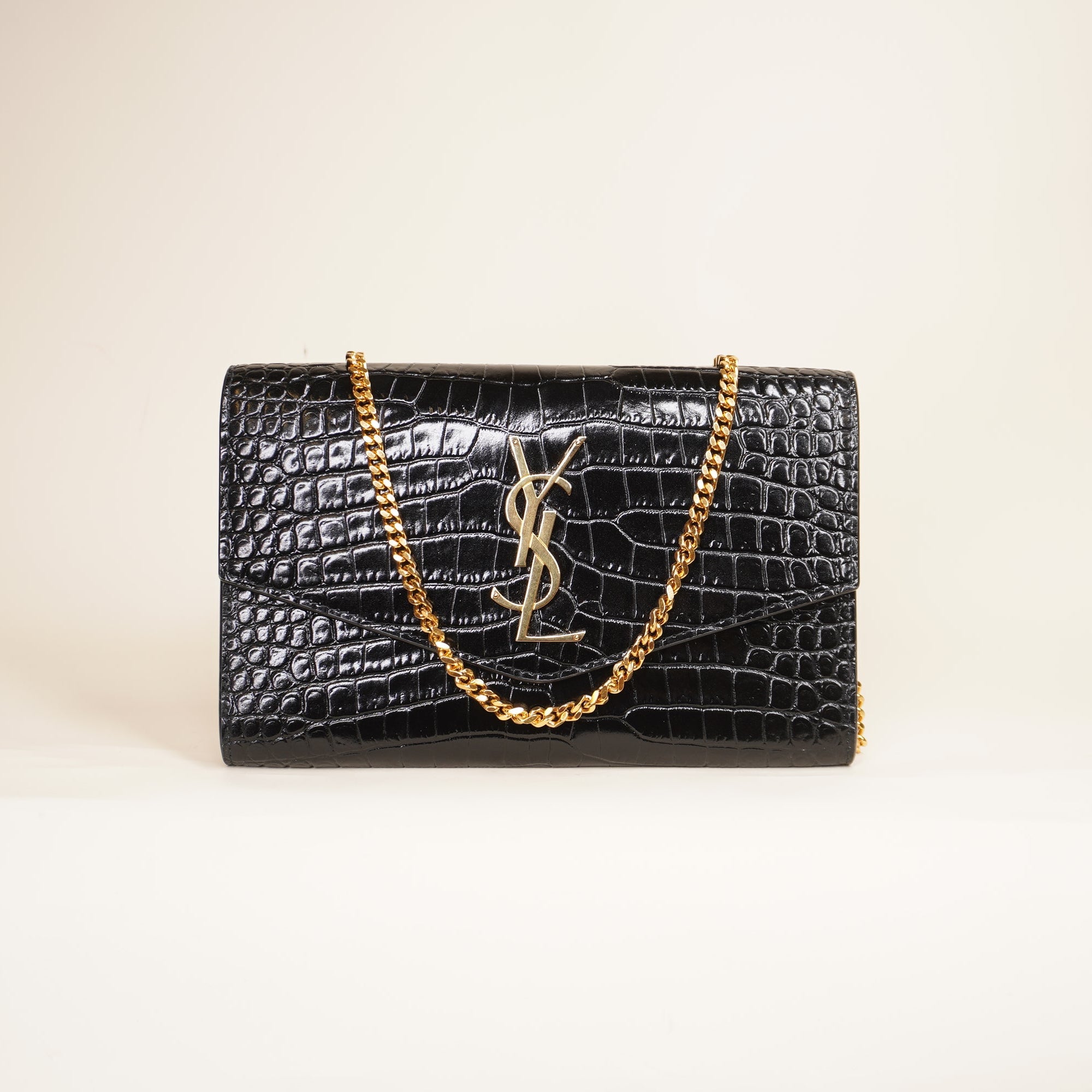 PRE-OWNED Black Croc Embossed Leather Uptown Chain Wallet Crossbody Bag