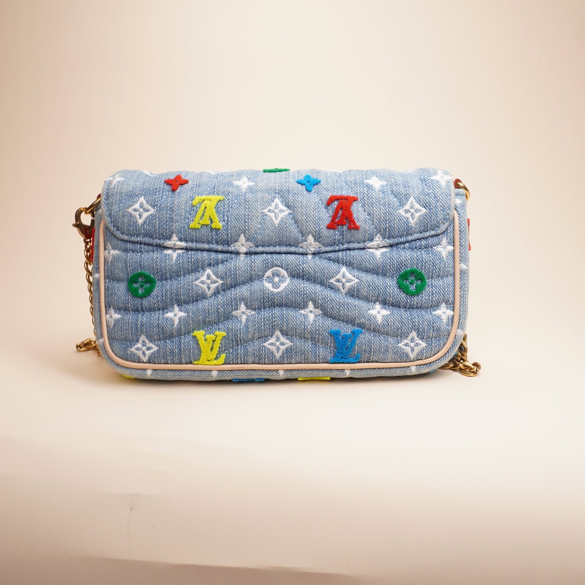 LV Embroidered Monogram Denim New Wave Chain Pochette Shoulder Bag