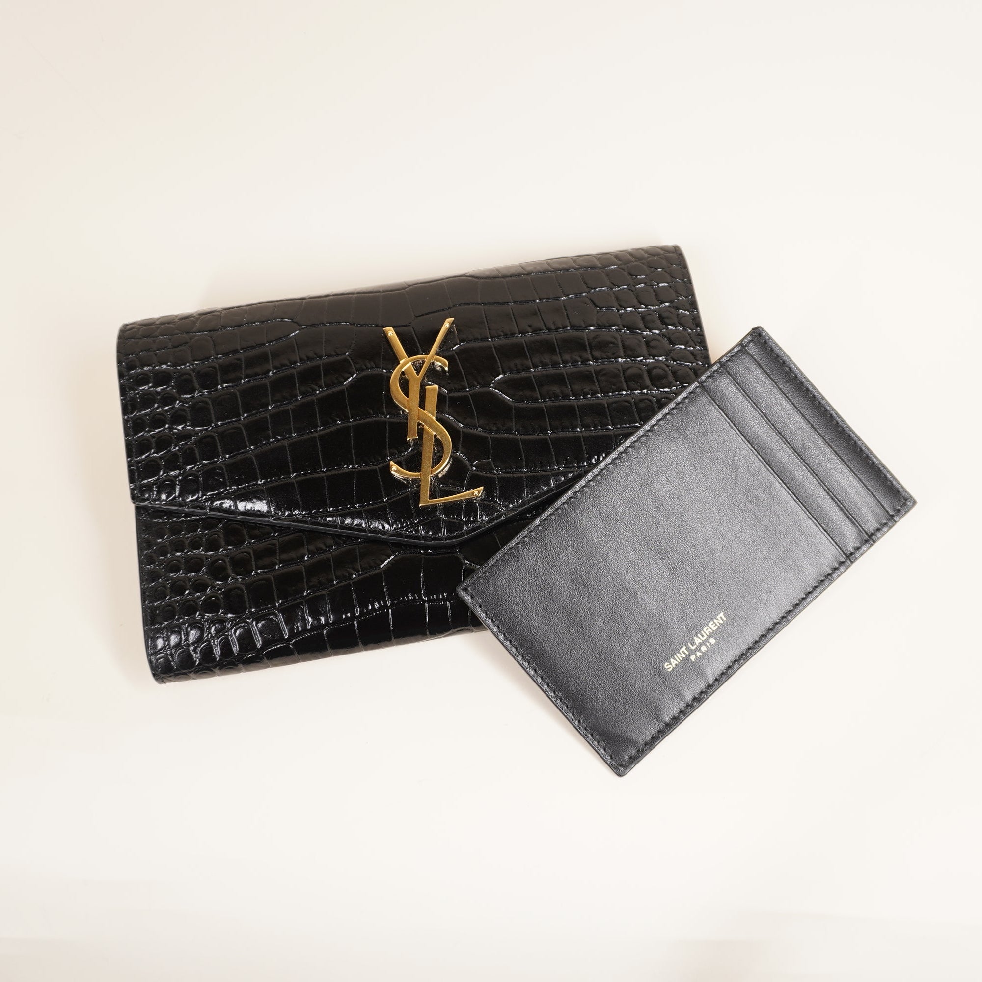 PRE-OWNED Black Croc Embossed Leather Uptown Chain Wallet Crossbody Bag